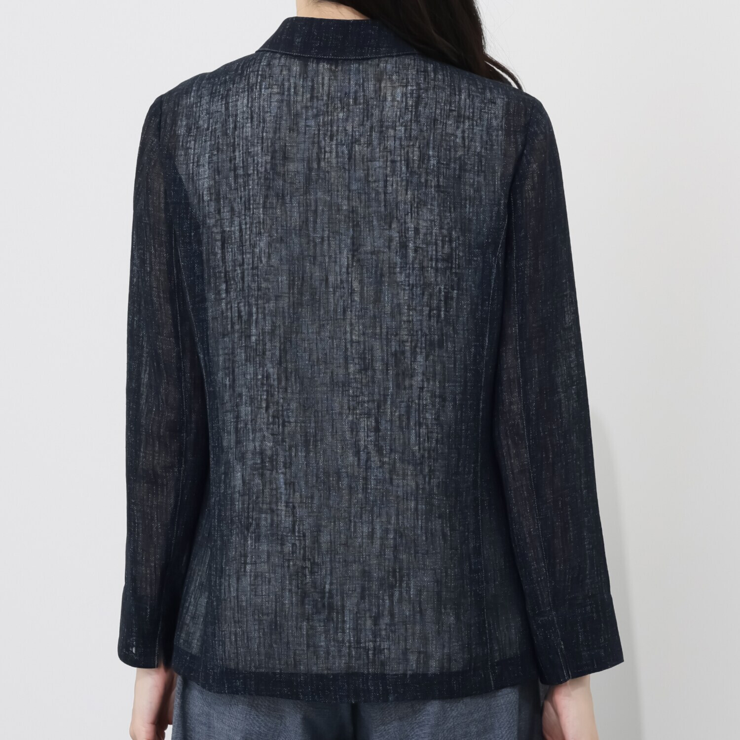 里麻 トリアセテート混 デニム調プリント レース切替ジャケット