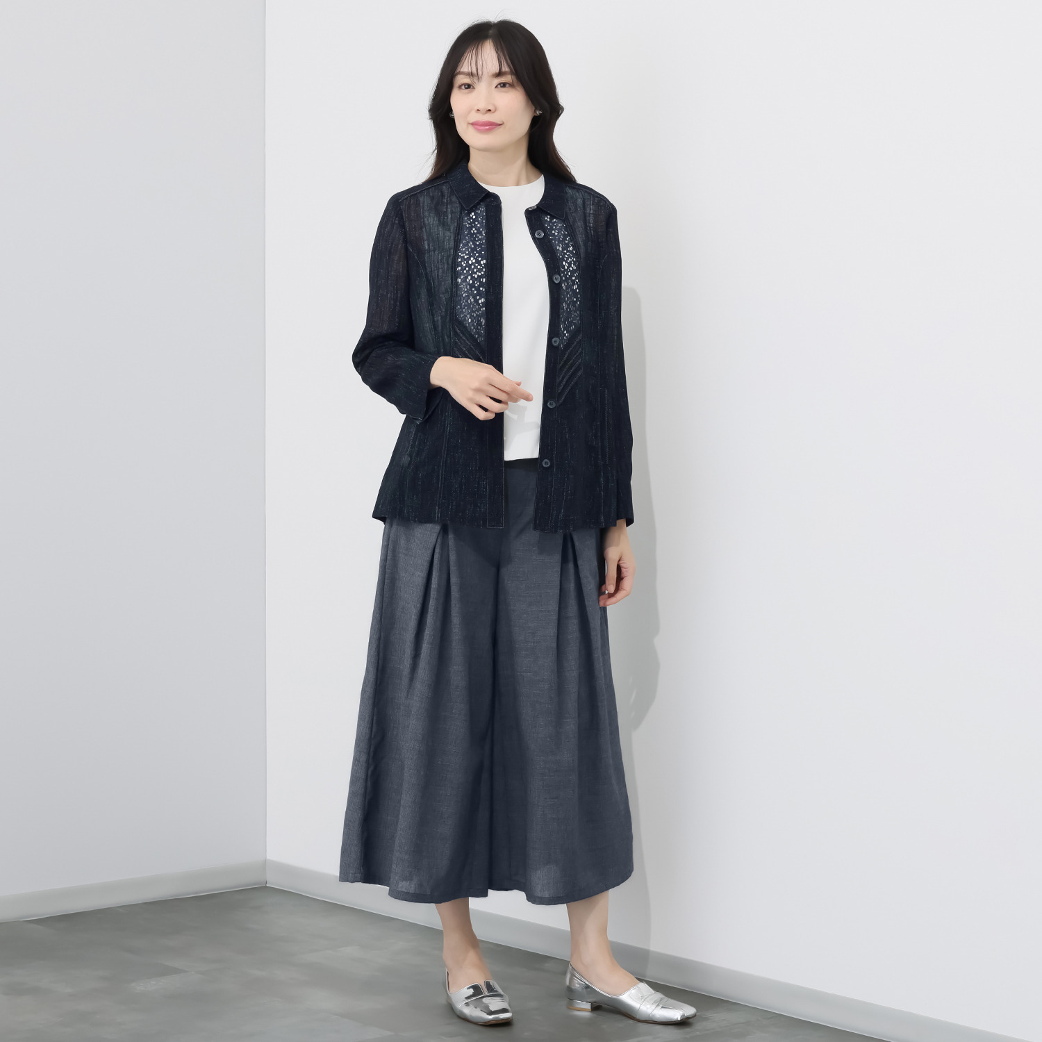 里麻 トリアセテート混 デニム調プリント レース切替ジャケット