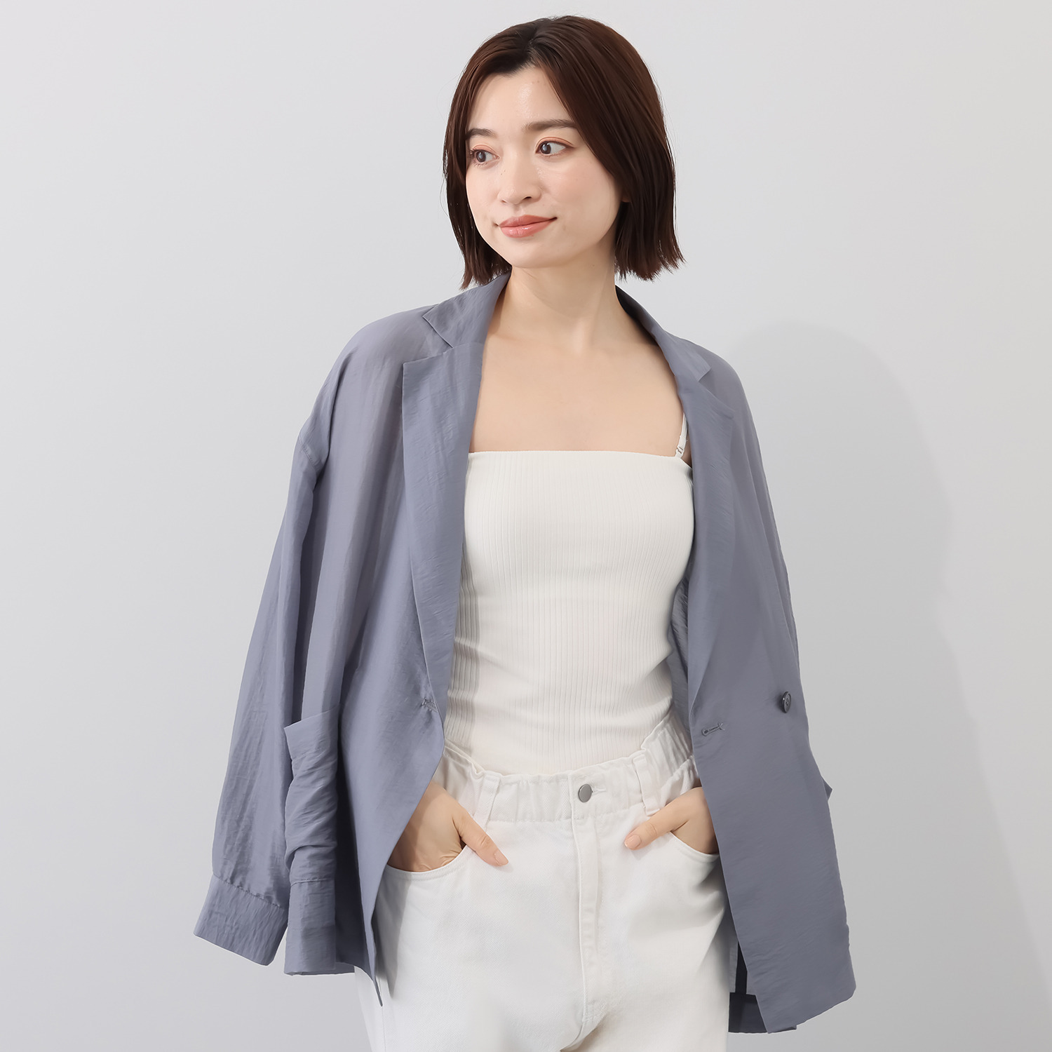 プラスケー コットンブレンド カップ付 リブベアトップ２枚セット