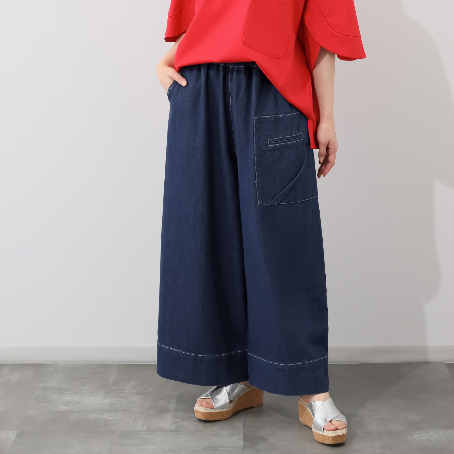 ベルデニム デザインポケット付 ワイドシルエット リラックスデニムパンツ