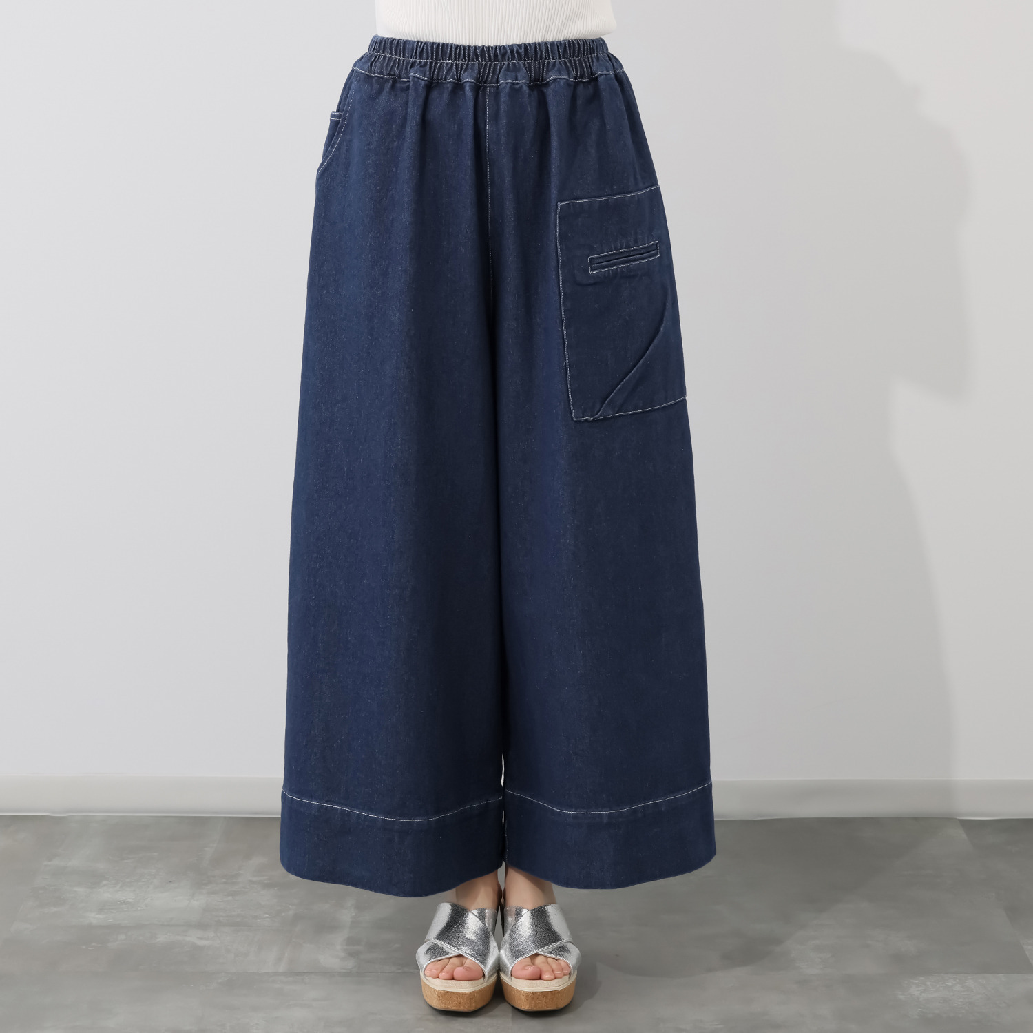 ベルデニム デザインポケット付 ワイドシルエット リラックスデニムパンツ