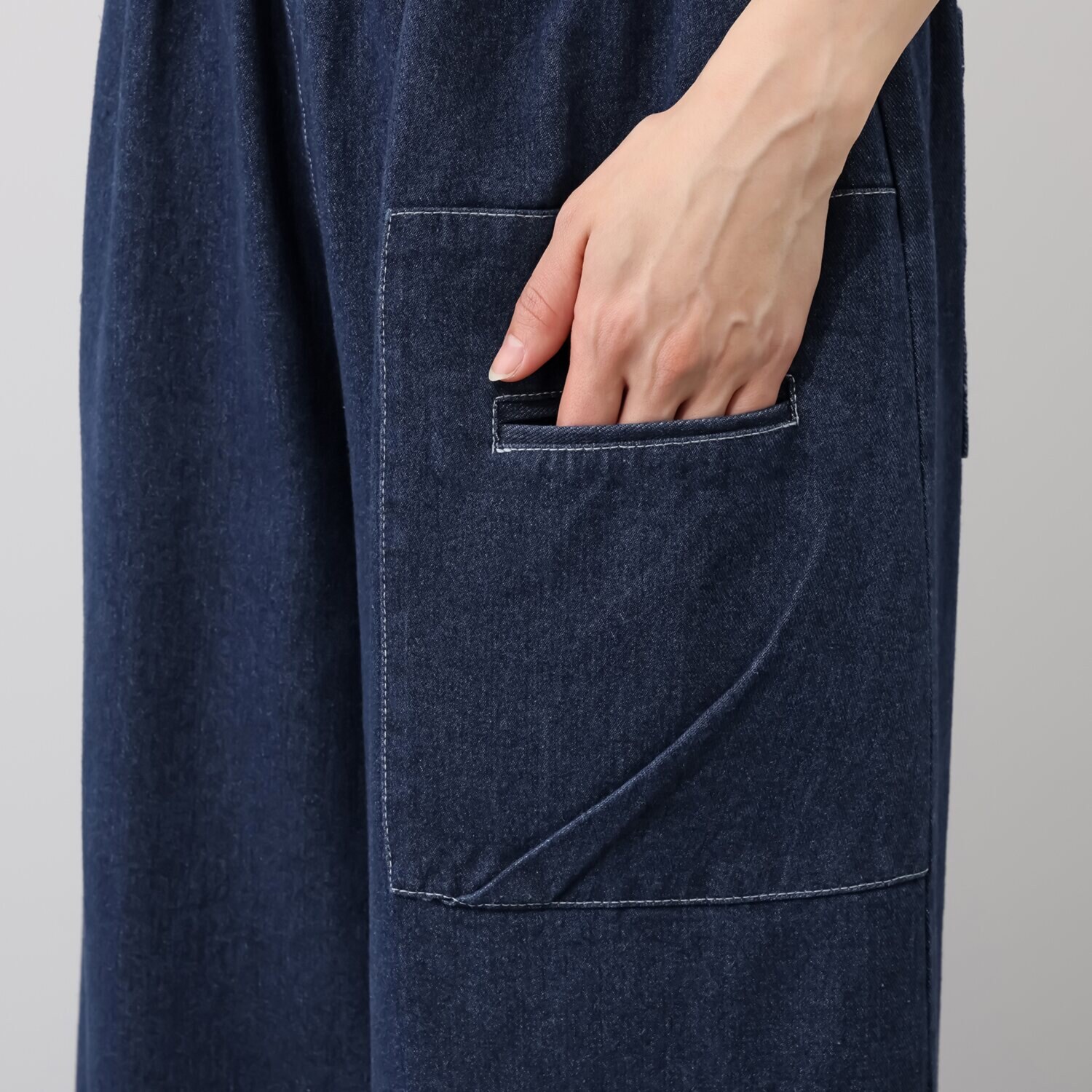 ベルデニム デザインポケット付 ワイドシルエット リラックスデニムパンツ