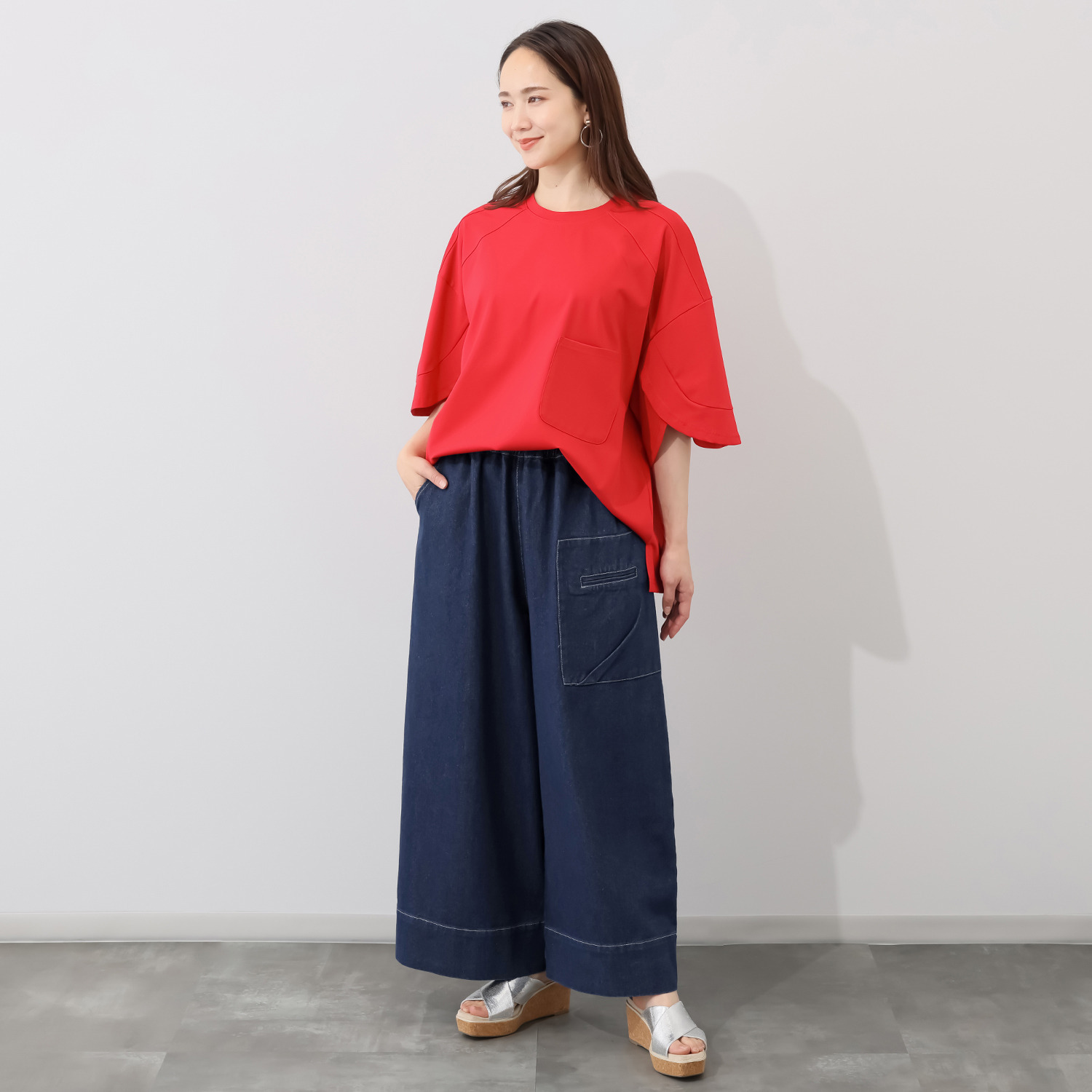 ベルデニム デザインポケット付 ワイドシルエット リラックスデニムパンツ