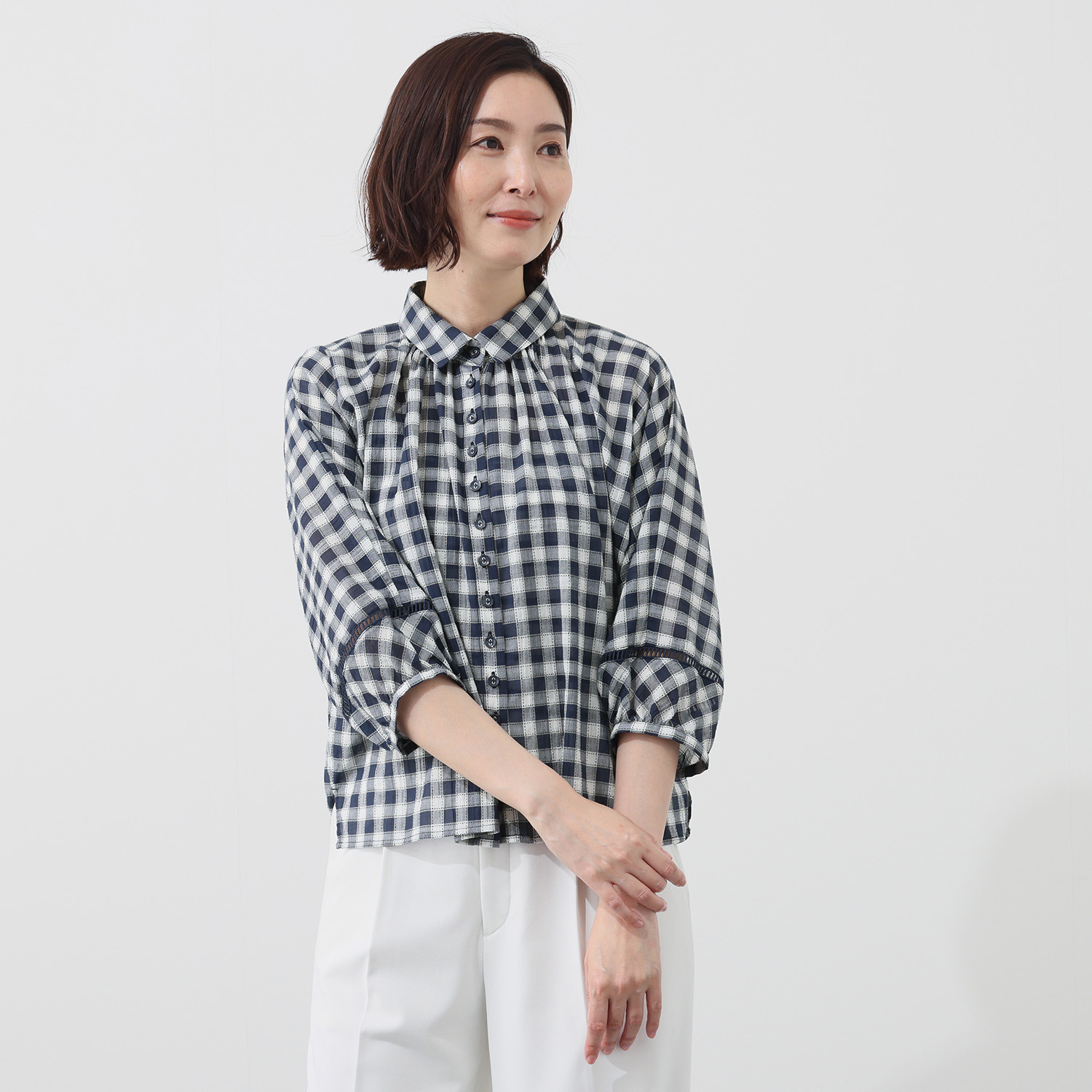 スタイル・ラヴィー シャーリング ギンガムチェックブラウス