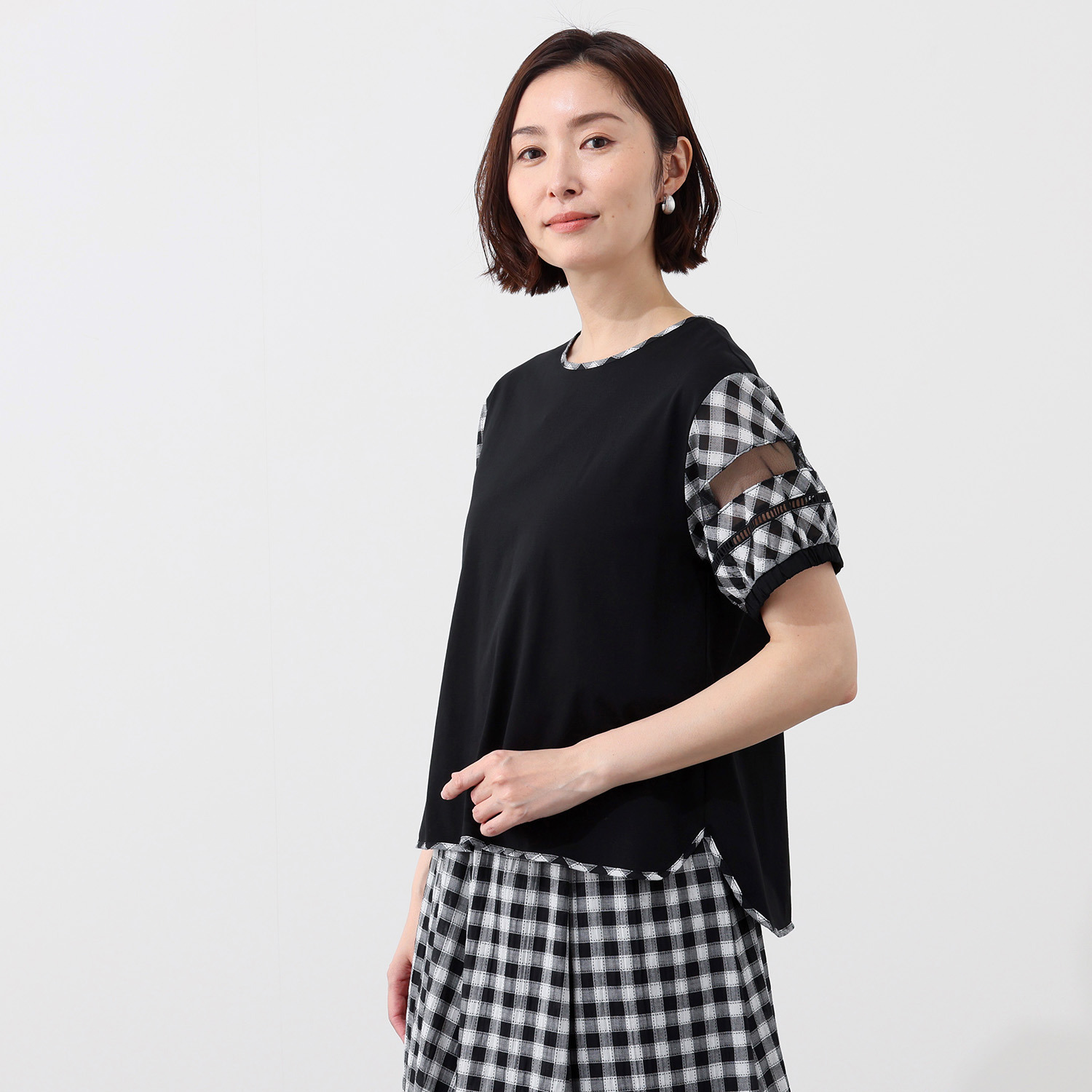 スタイル・ラヴィー 袖チェックアクセント カットソープルオーバー