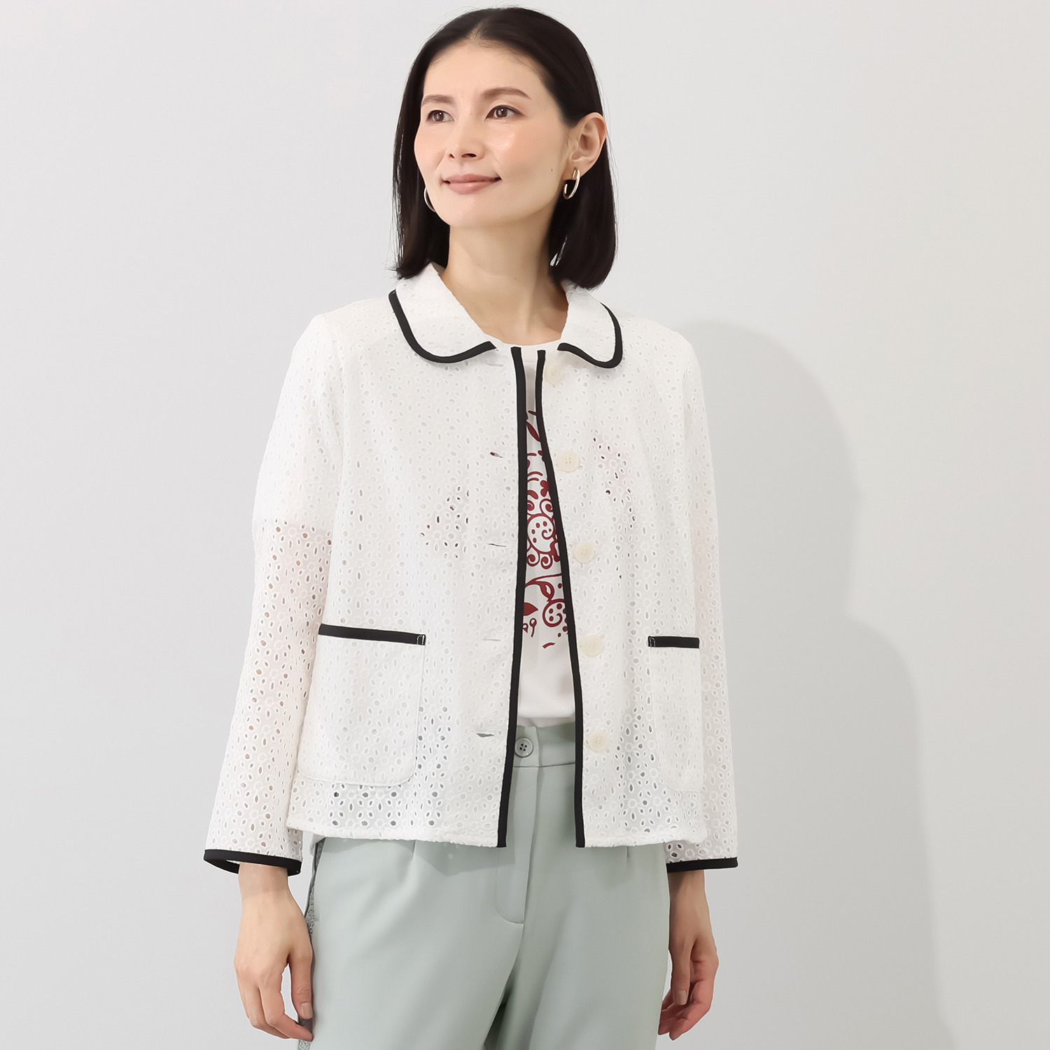 エムジェイアール　バイ マチコ　ジント　ロンドン 総刺しゅうレース 配色パイピング シャツジャケット