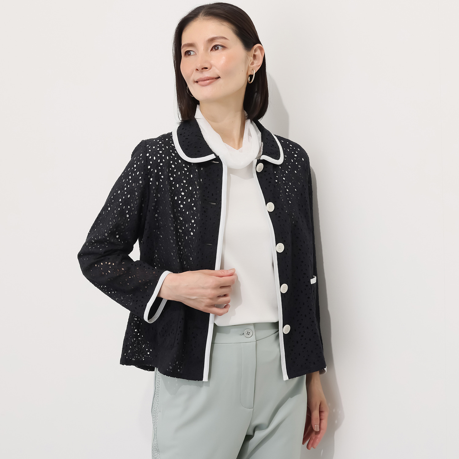 エムジェイアール　バイ マチコ　ジント　ロンドン 総刺しゅうレース 配色パイピング シャツジャケット