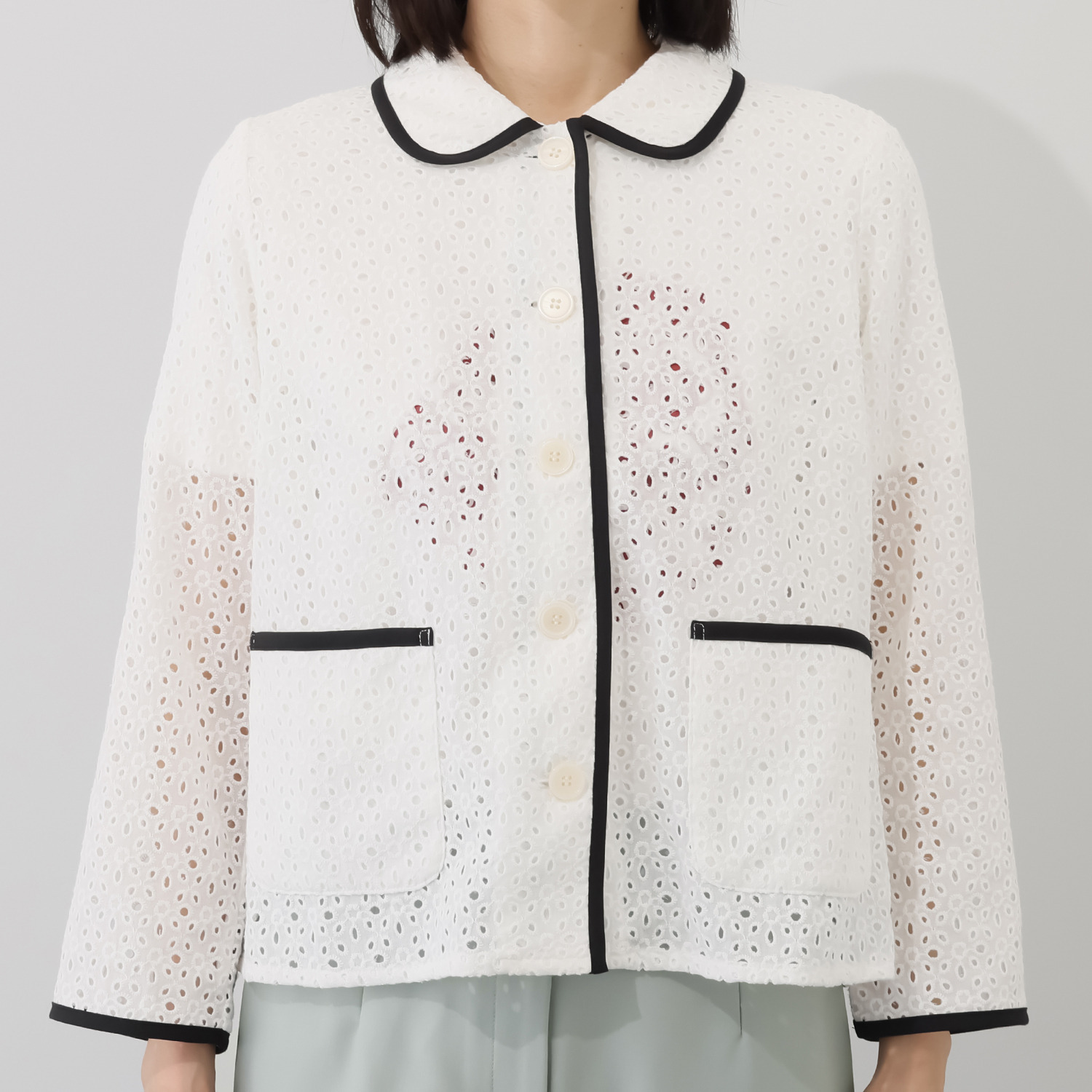 エムジェイアール　バイ マチコ　ジント　ロンドン 総刺しゅうレース 配色パイピング シャツジャケット