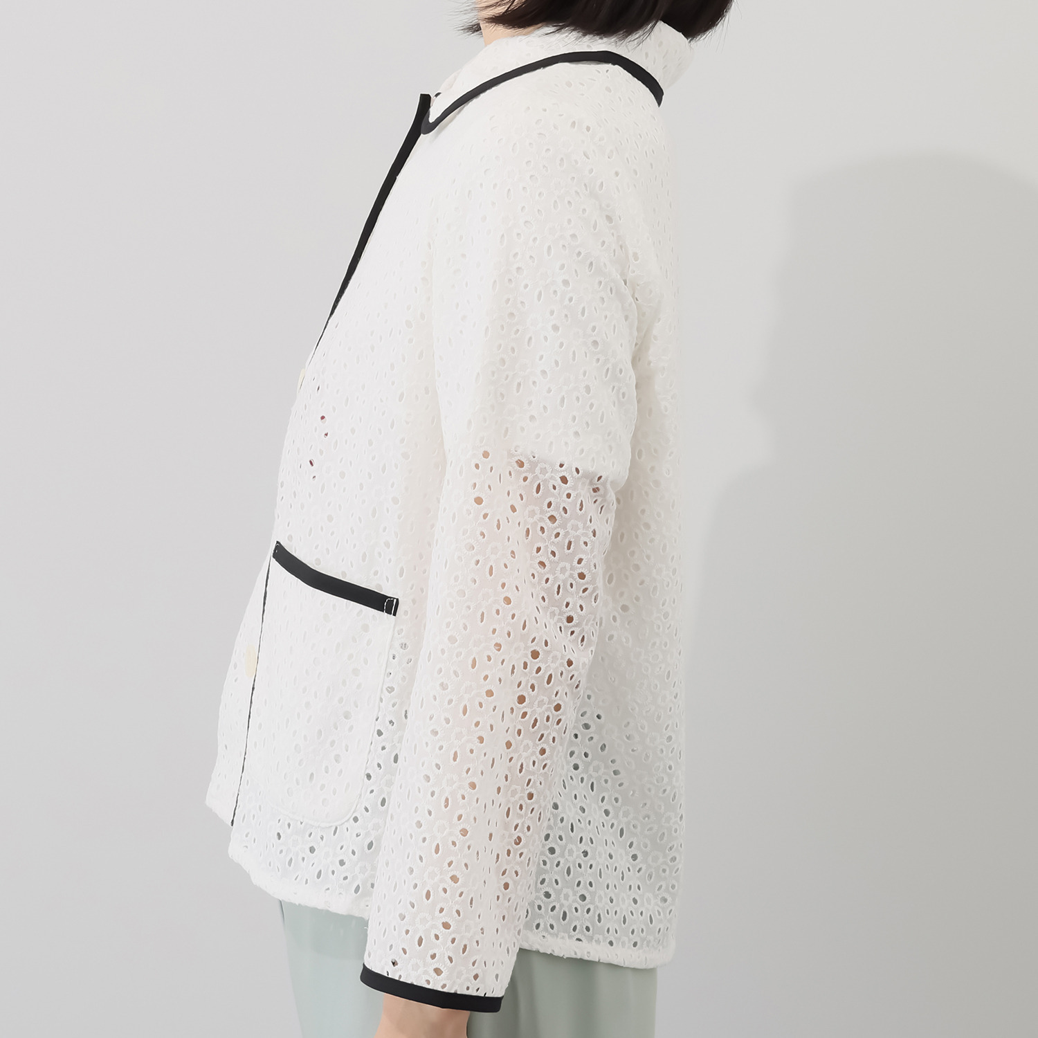 エムジェイアール　バイ マチコ　ジント　ロンドン 総刺しゅうレース 配色パイピング シャツジャケット