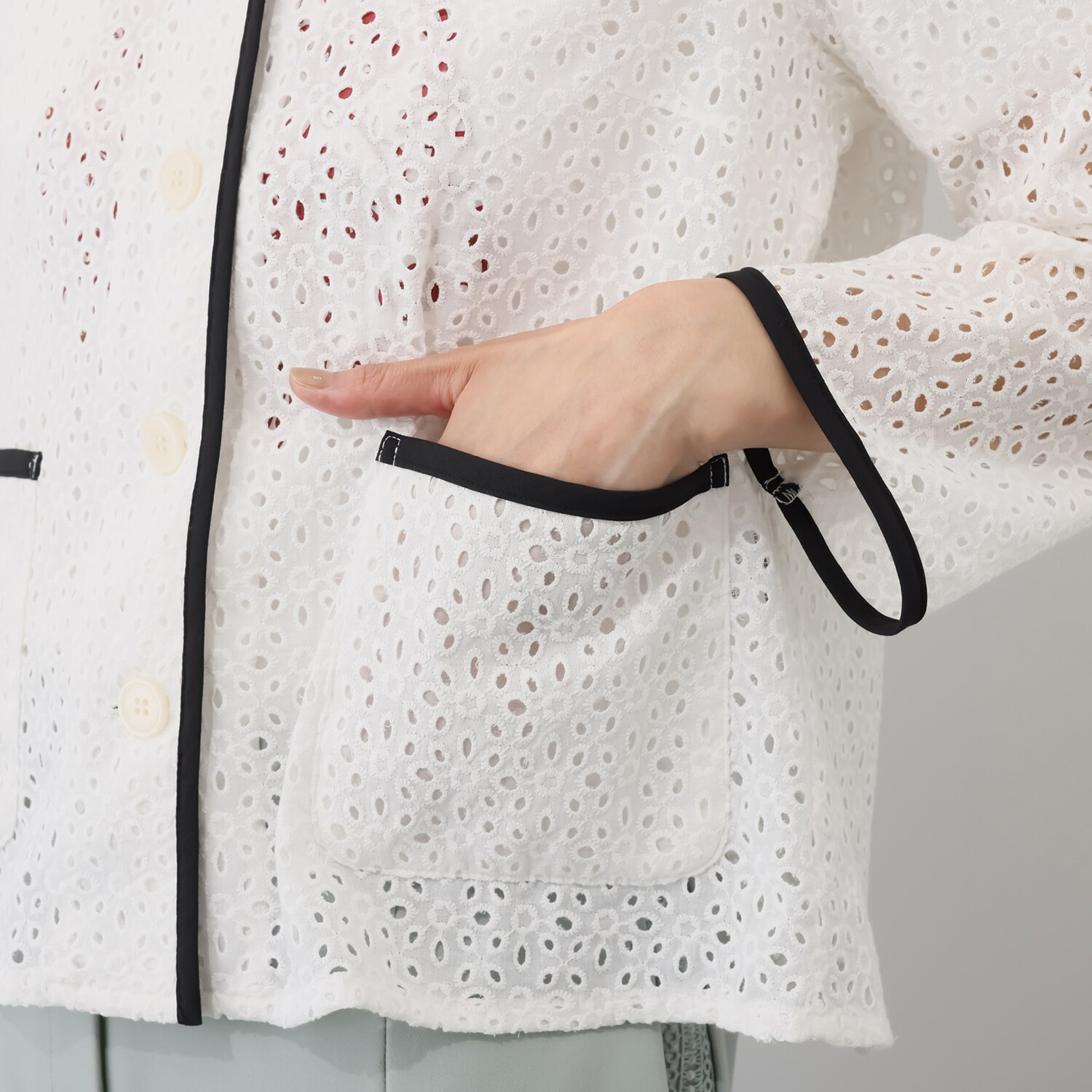 エムジェイアール　バイ マチコ　ジント　ロンドン 総刺しゅうレース 配色パイピング シャツジャケット