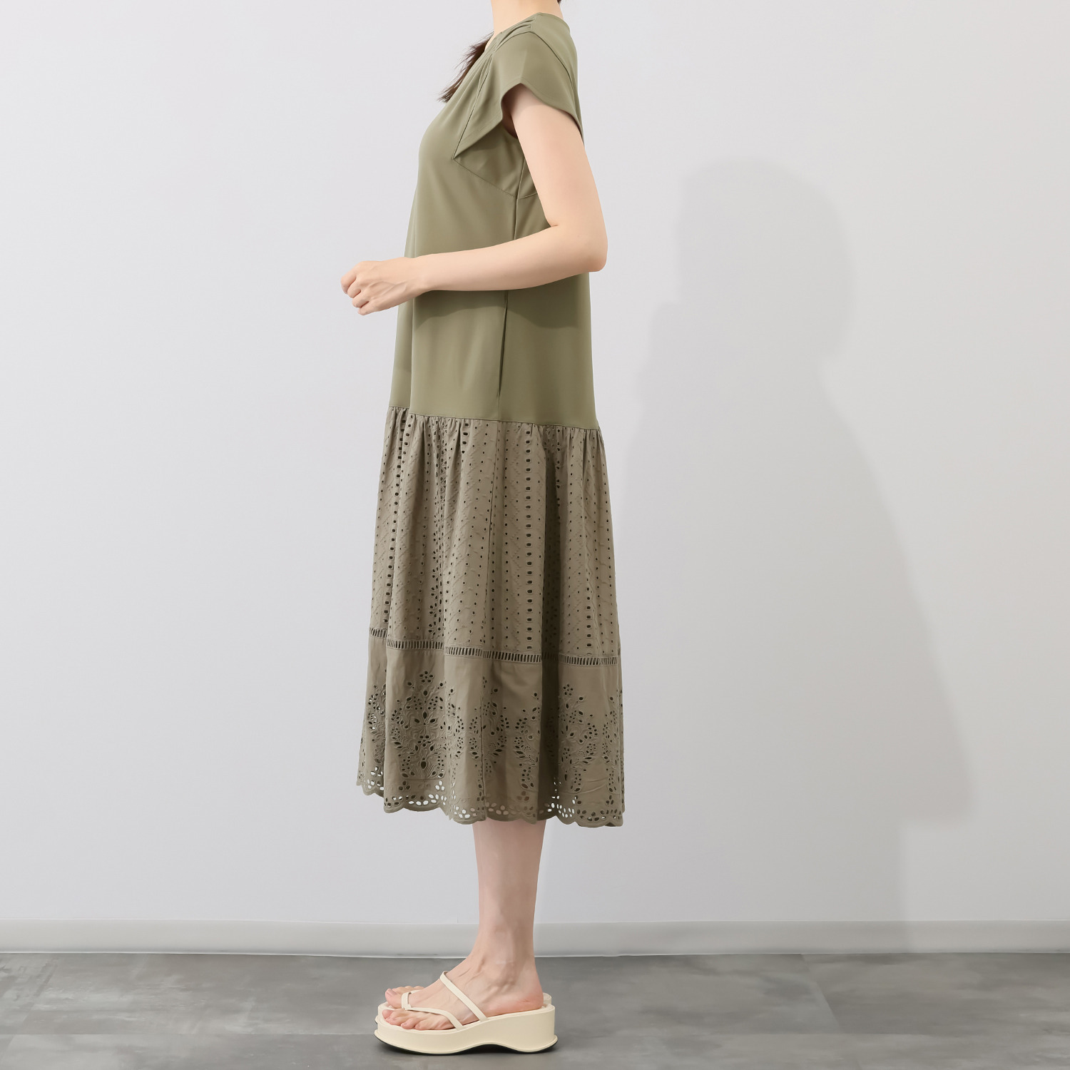 ルクオーレ 接触冷感モクロディ アイレットレース切替 フレアーワンピース