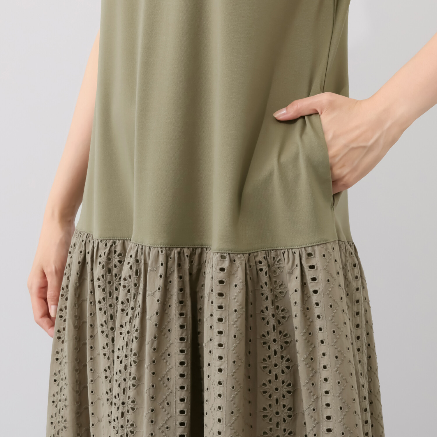 ルクオーレ 接触冷感モクロディ アイレットレース切替 フレアーワンピース