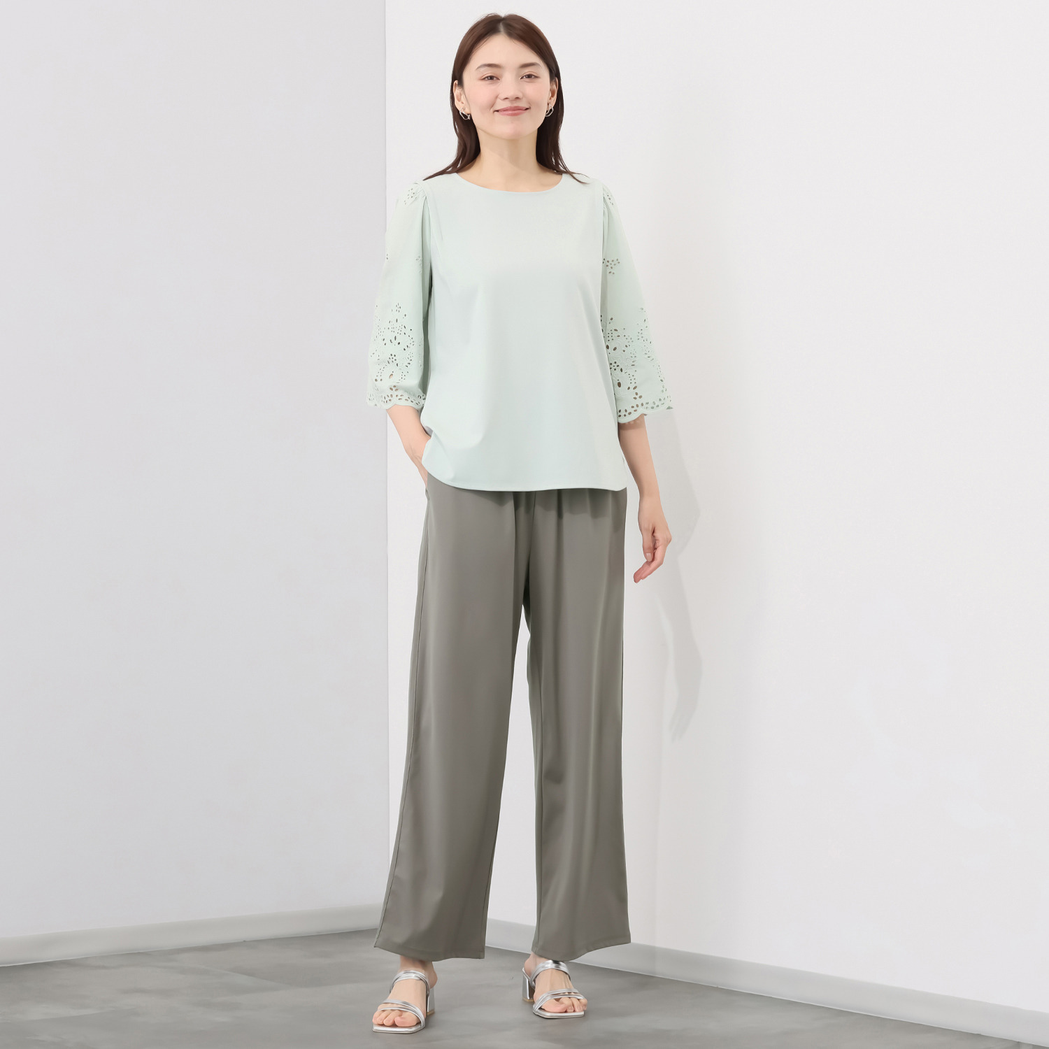 ルクオーレ 接触冷感モクロディ サイドラインデザイン ワイドパンツ