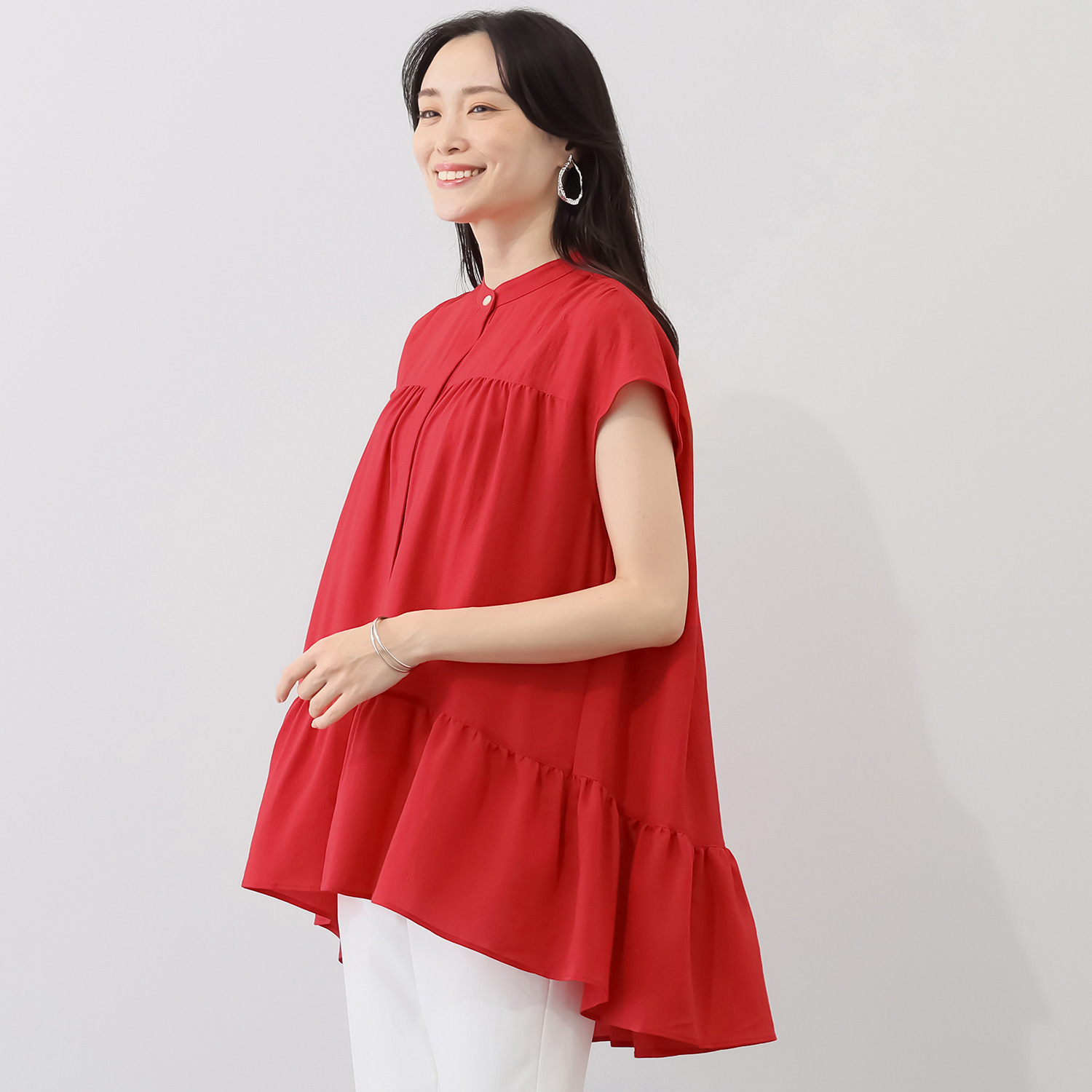 キリ　エ　キリ 縮絨風ジョーゼット キャップスリーブ チュニックブラウス