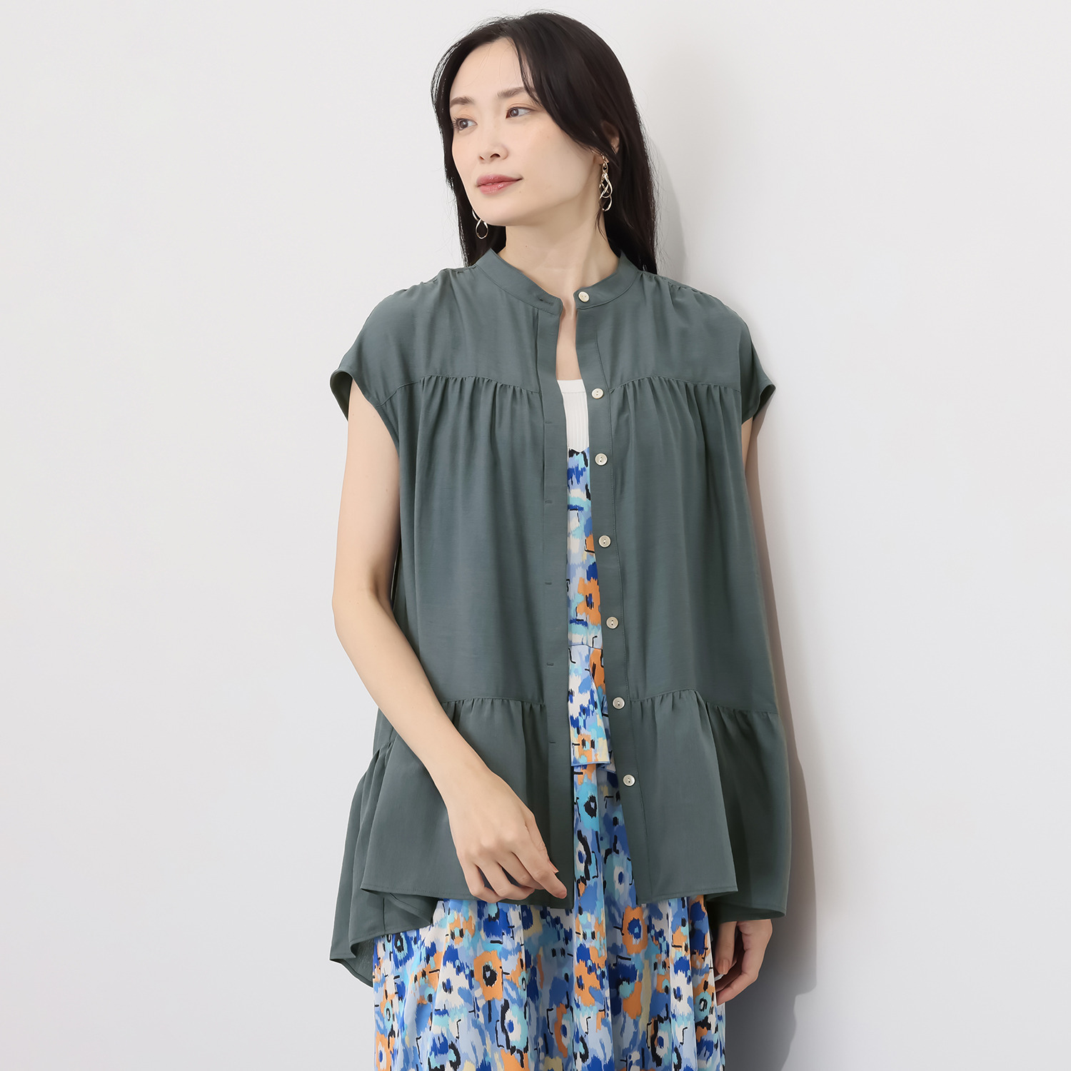 キリ　エ　キリ 縮絨風ジョーゼット キャップスリーブ チュニックブラウス