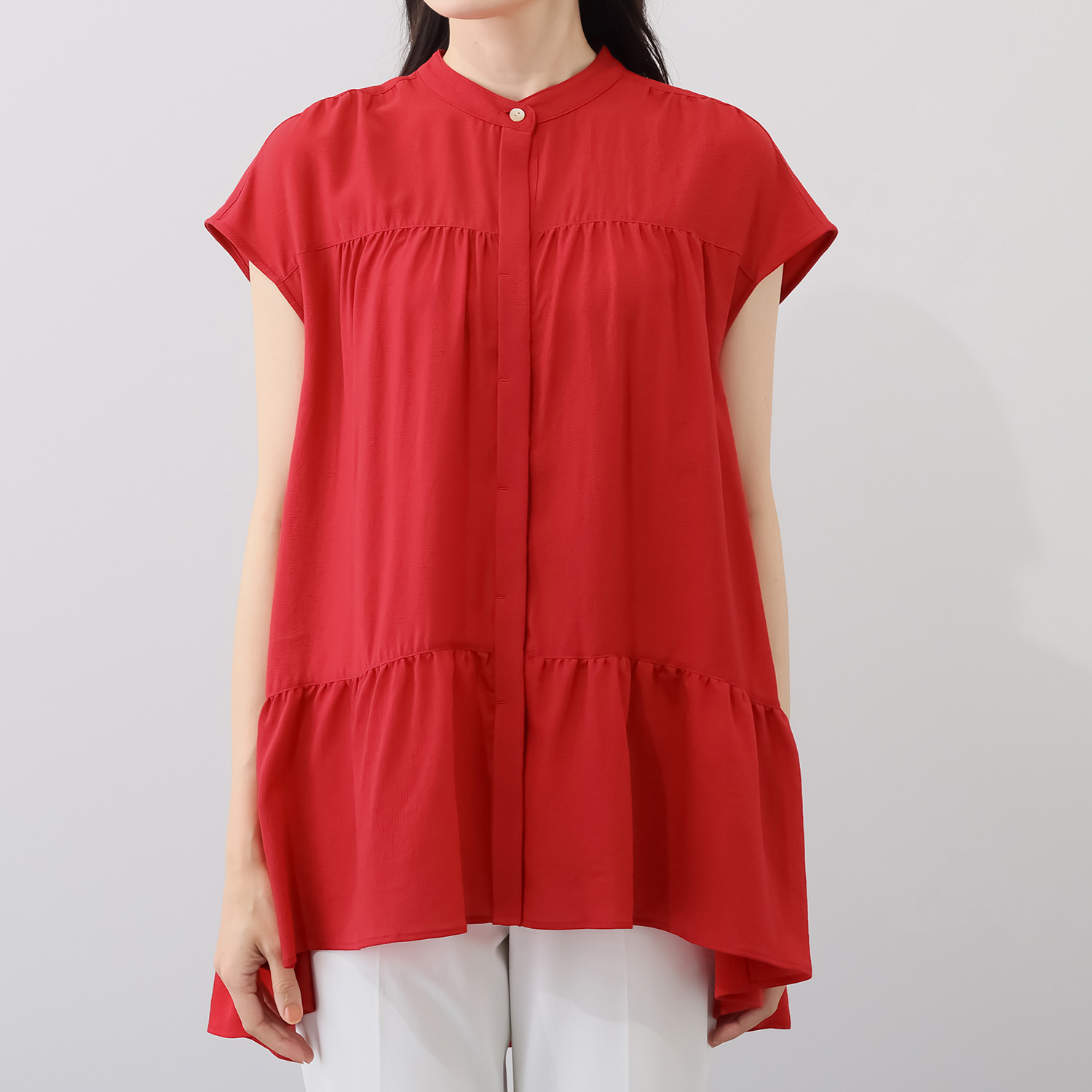 キリ　エ　キリ 縮絨風ジョーゼット キャップスリーブ チュニックブラウス