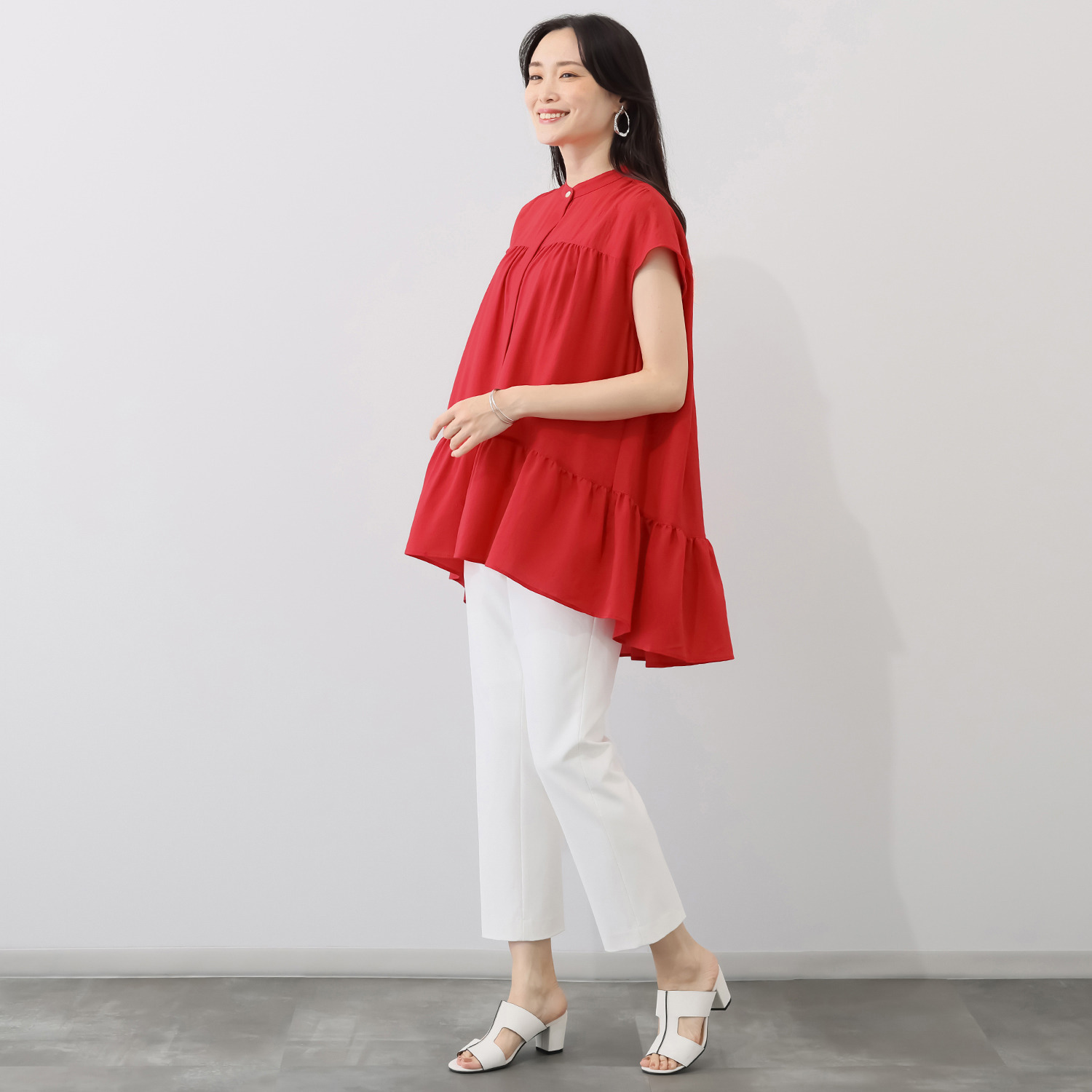 キリ　エ　キリ 縮絨風ジョーゼット キャップスリーブ チュニックブラウス