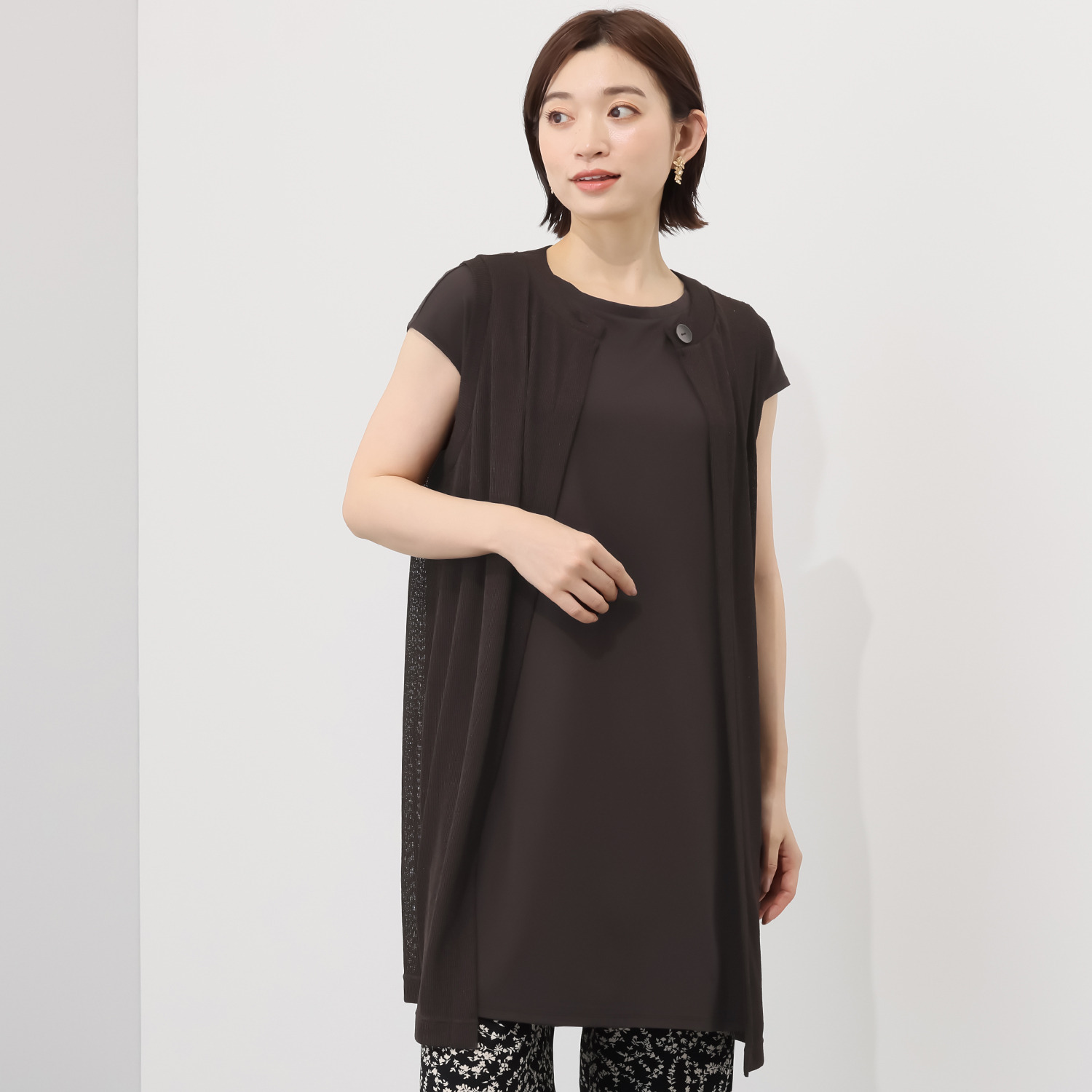 シルバーミントシュガー ざっくりニット調 リラックスロングジレと 大人のカットソー ロングチュニックのセット