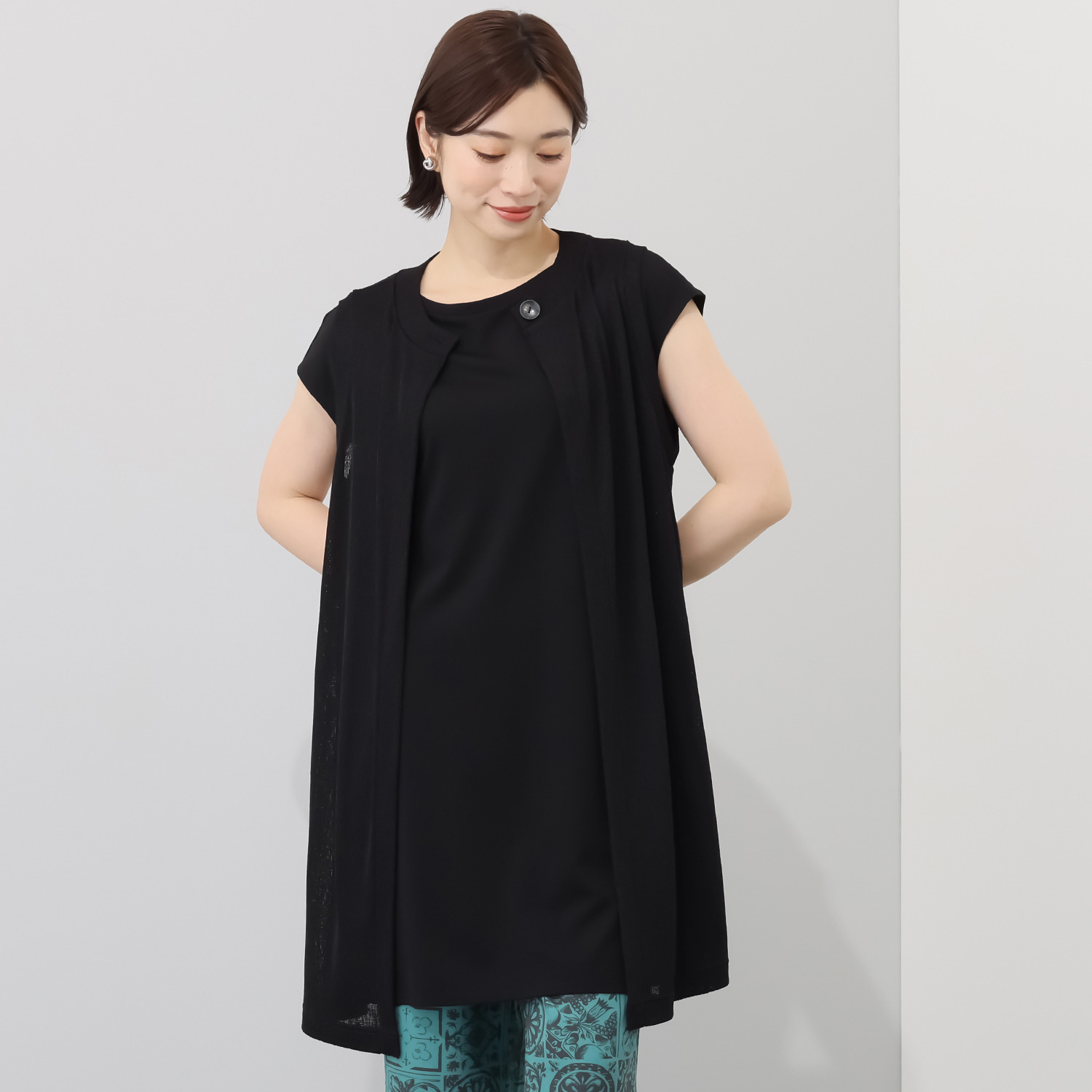 シルバーミントシュガー ざっくりニット調 リラックスロングジレと 大人のカットソー ロングチュニックのセット