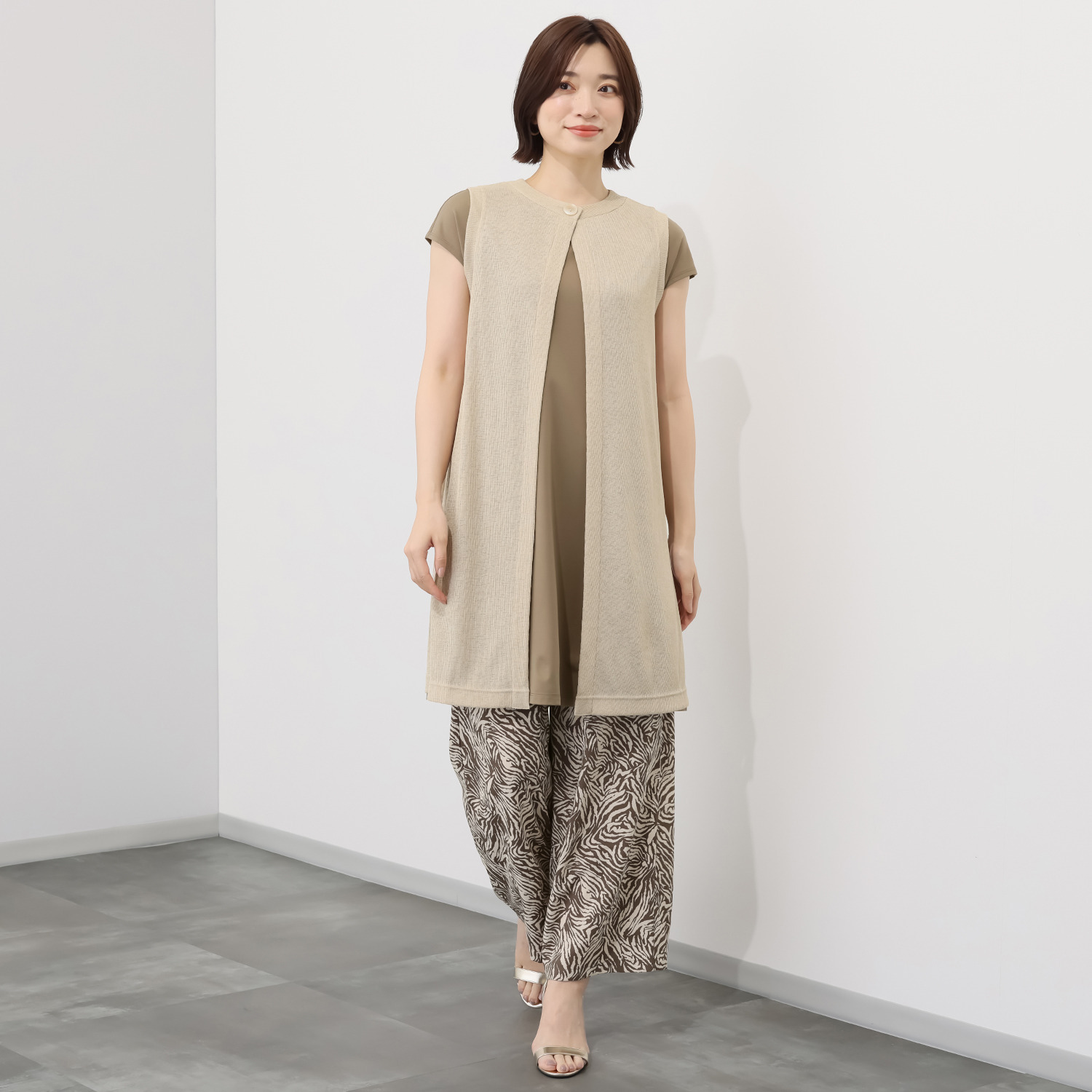 シルバーミントシュガー ざっくりニット調 リラックスロングジレと 大人のカットソー ロングチュニックのセット