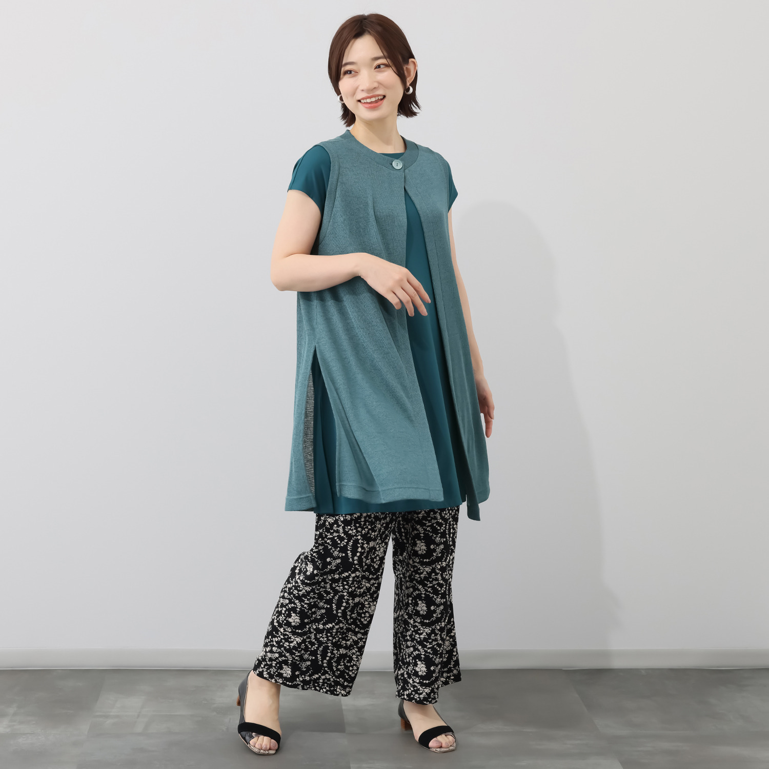 シルバーミントシュガー ざっくりニット調 リラックスロングジレと 大人のカットソー ロングチュニックのセット