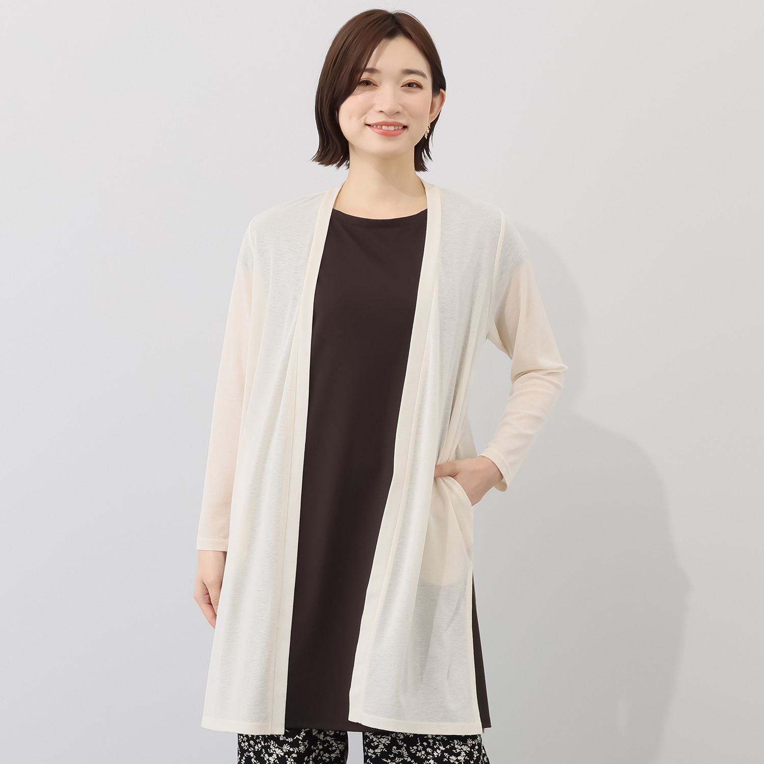 シルバーミントシュガー スラブ調シアー天竺 Ｉラインシルエット ロングカーディガン