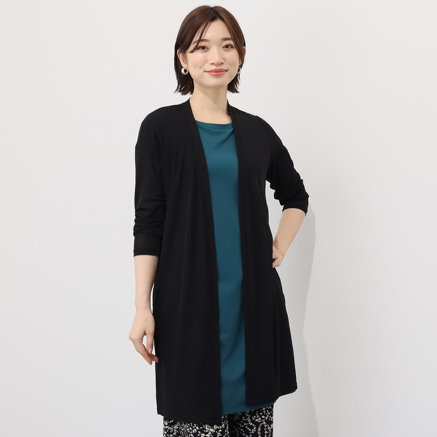 シルバーミントシュガー スラブ調シアー天竺 Ｉラインシルエット ロングカーディガン