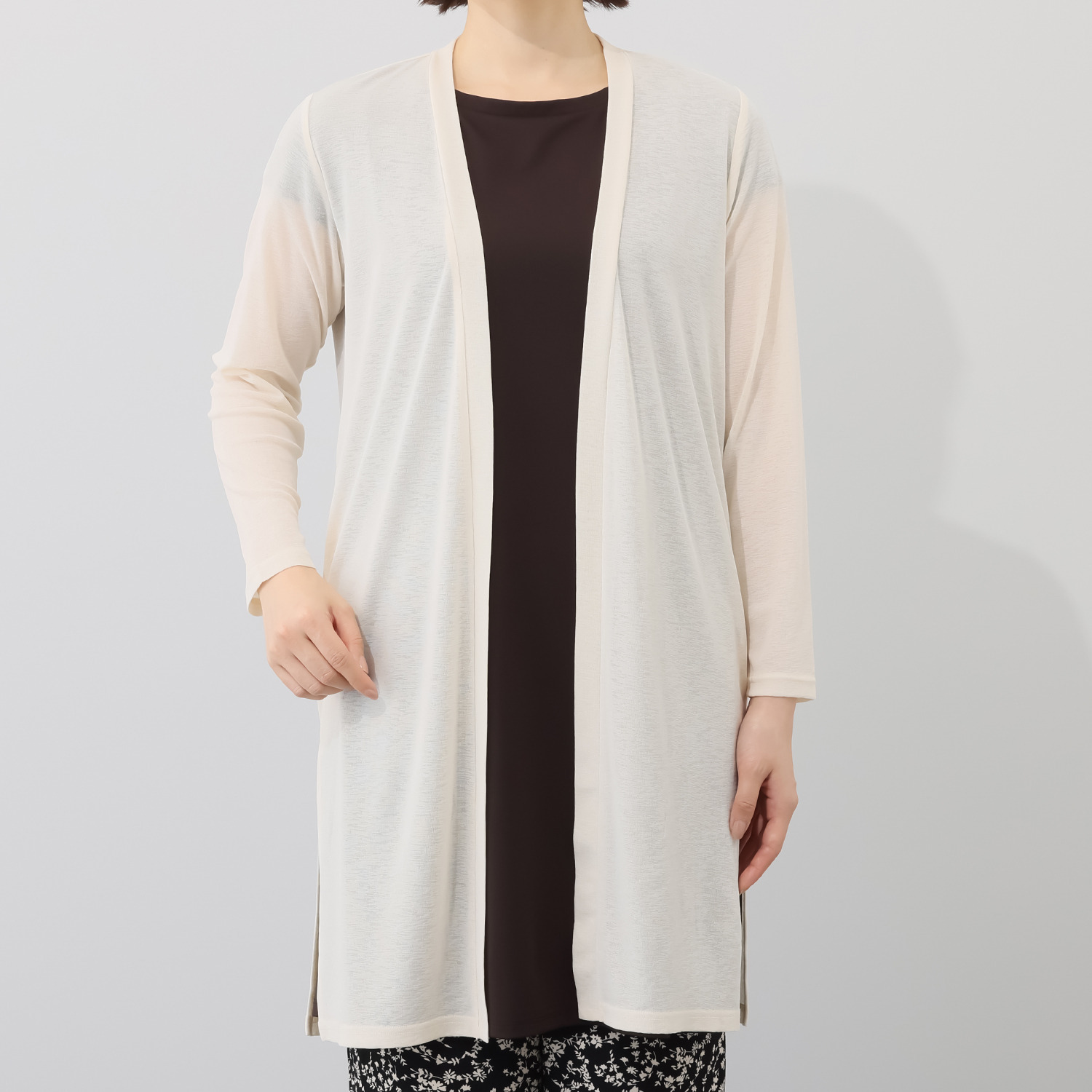 シルバーミントシュガー スラブ調シアー天竺 Ｉラインシルエット ロングカーディガン