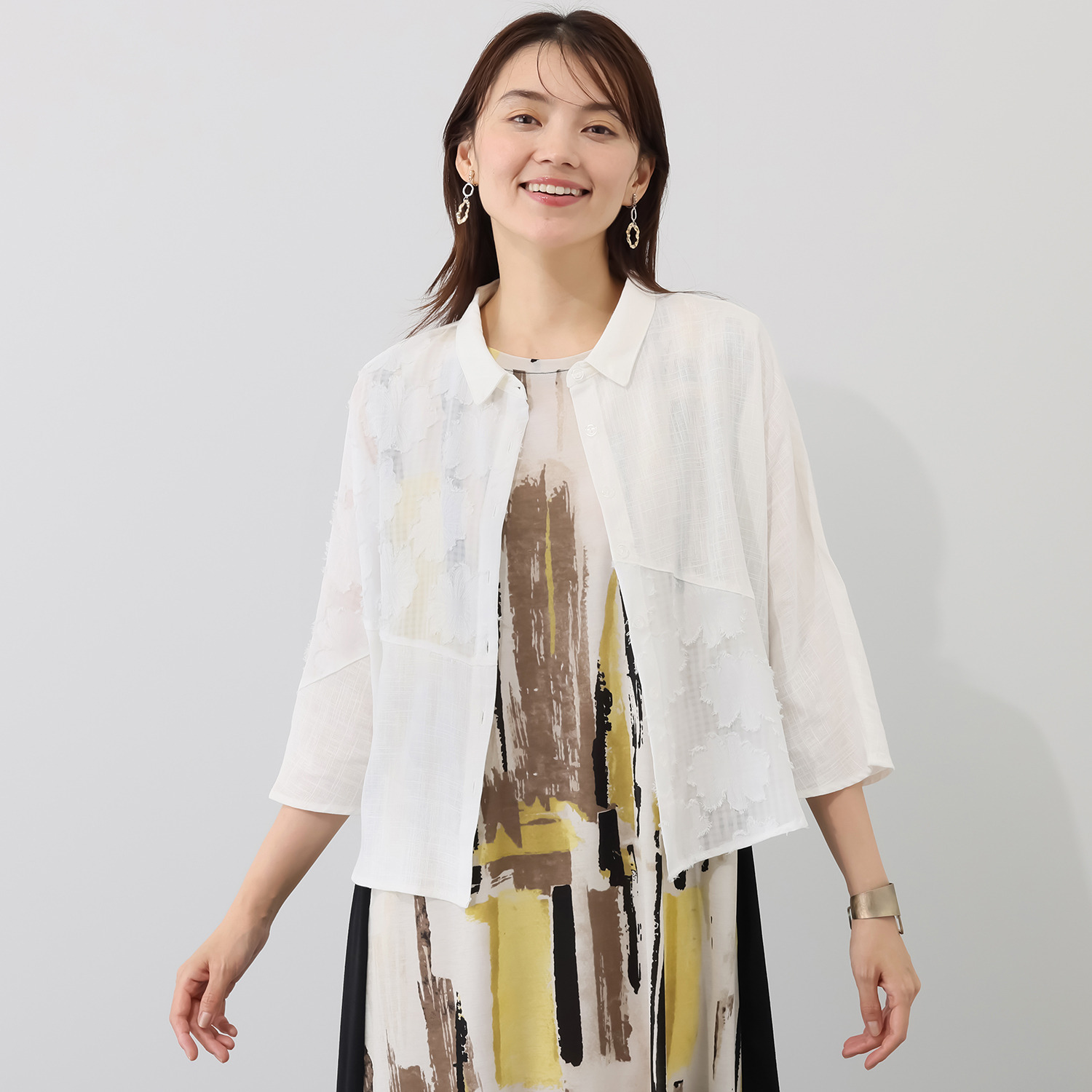 ジョリーフェム 麻混 フラワージャガード シャツブラウス