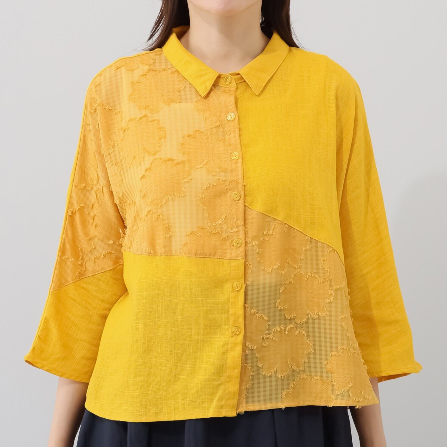 ジョリーフェム 麻混 フラワージャガード シャツブラウス