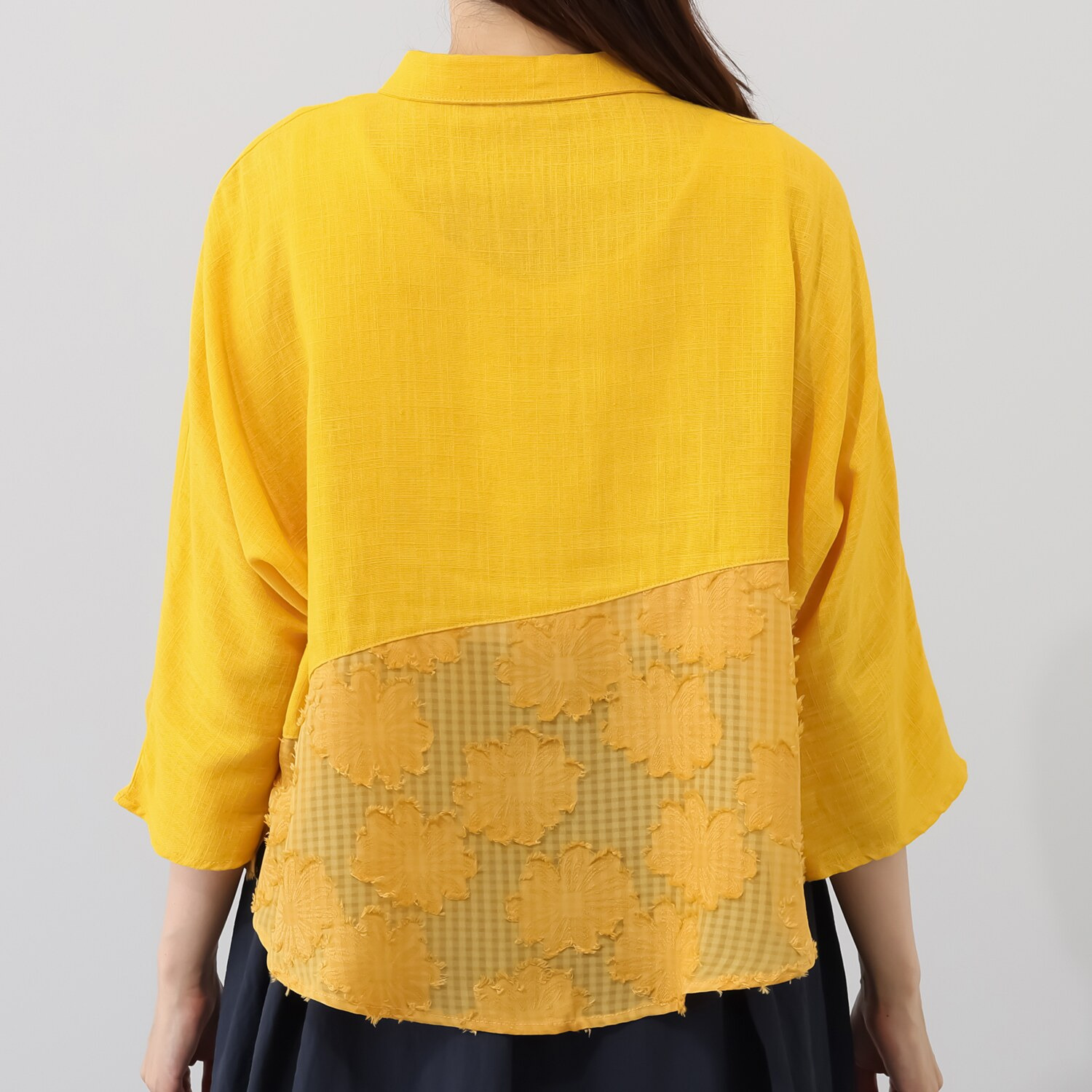 ジョリーフェム 麻混 フラワージャガード シャツブラウス