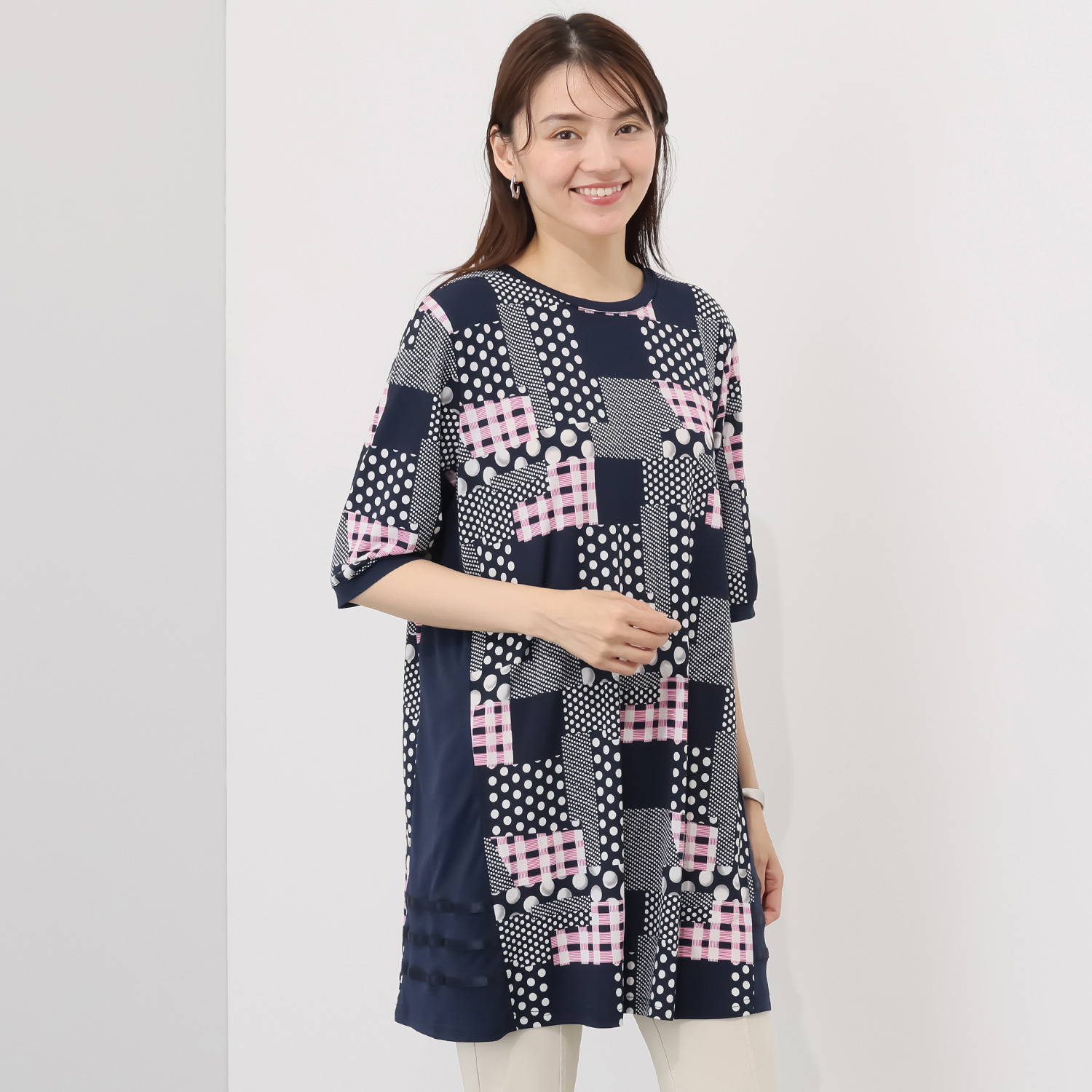 ジョリーフェム ランダムドットプリント サイドアクセント チュニック
