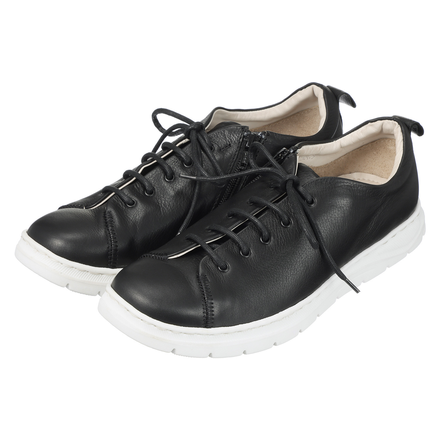 マイレ はっ水 カーフレザー ファスナー付 レースアップスニーカー