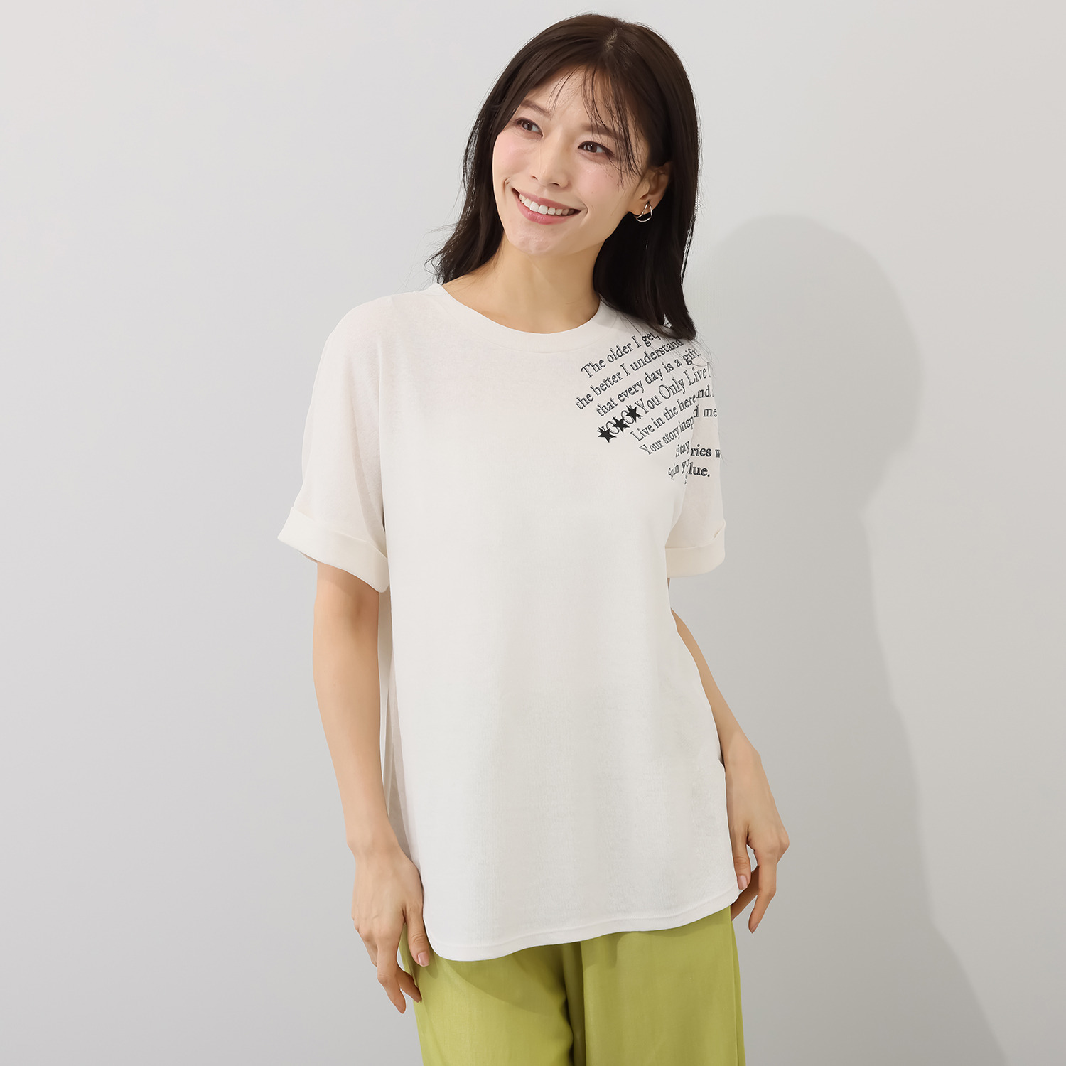 スピンブルー 接触冷感・吸水速乾 フレンチリネンブレンド ジャージー ラウンドヘム レタードプルオーバー