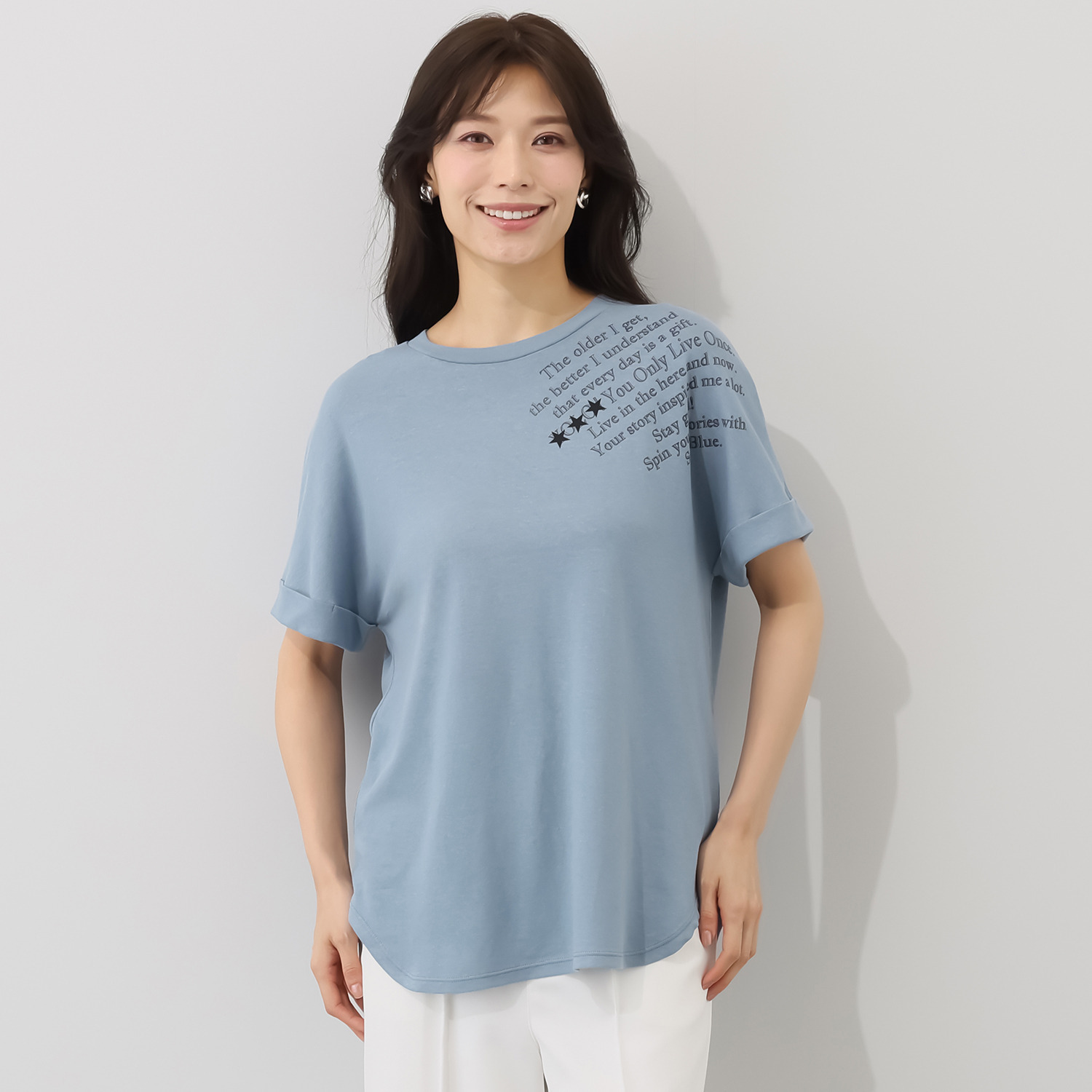 スピンブルー 接触冷感・吸水速乾 フレンチリネンブレンド ジャージー ラウンドヘム レタードプルオーバー