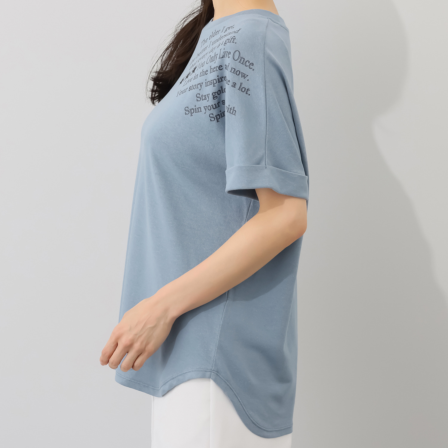 スピンブルー 接触冷感・吸水速乾 フレンチリネンブレンド ジャージー ラウンドヘム レタードプルオーバー