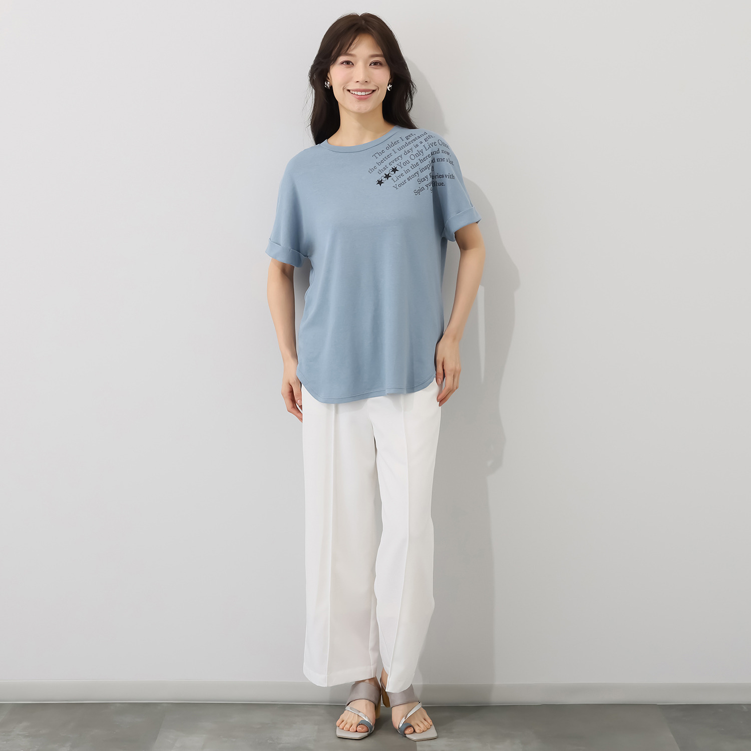 スピンブルー 接触冷感・吸水速乾 フレンチリネンブレンド ジャージー ラウンドヘム レタードプルオーバー