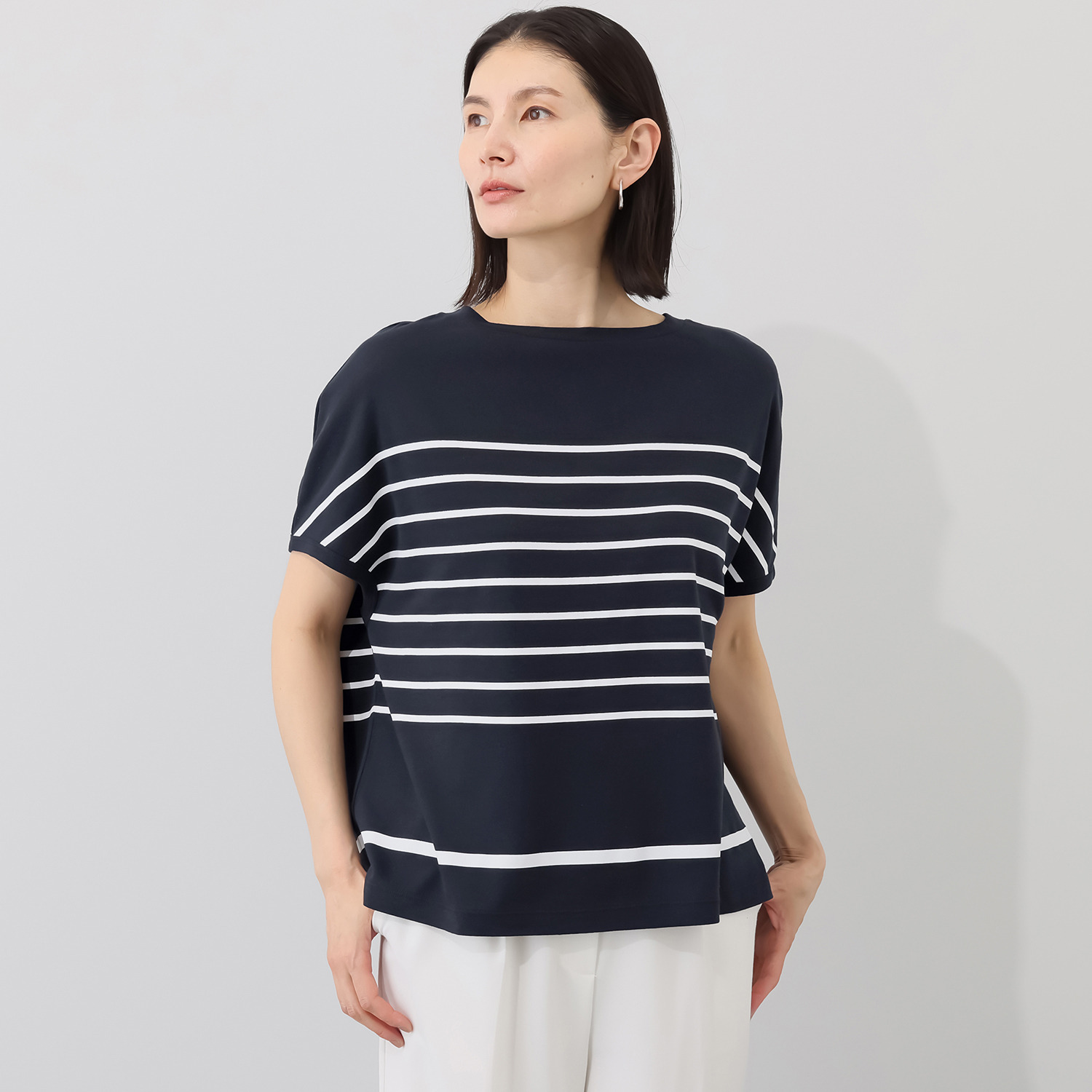 スピンブルー 接触冷感・吸水速乾 フレンチリネンブレンド ジャージー プリントボーダー プルオーバー