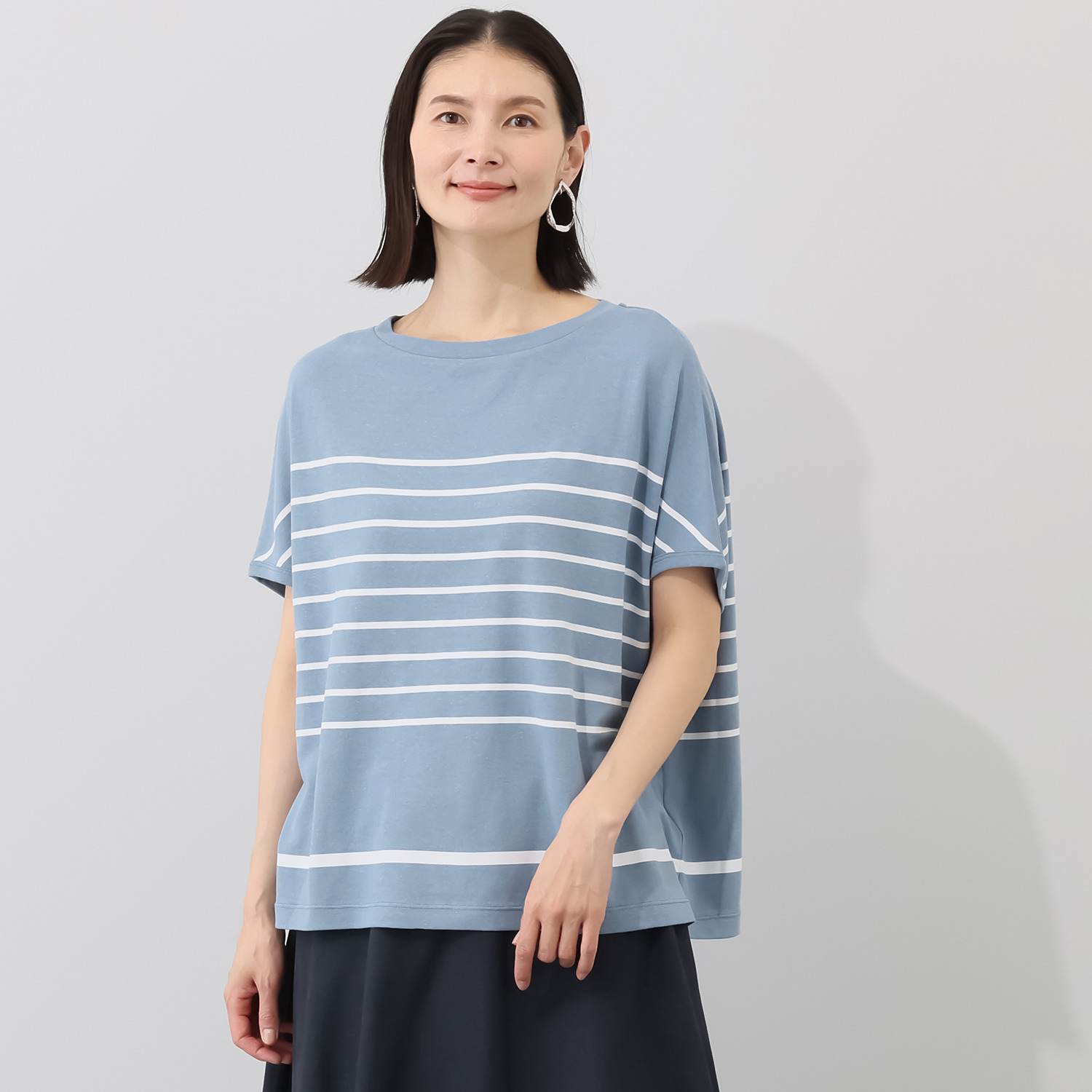 スピンブルー 接触冷感・吸水速乾 フレンチリネンブレンド ジャージー プリントボーダー プルオーバー