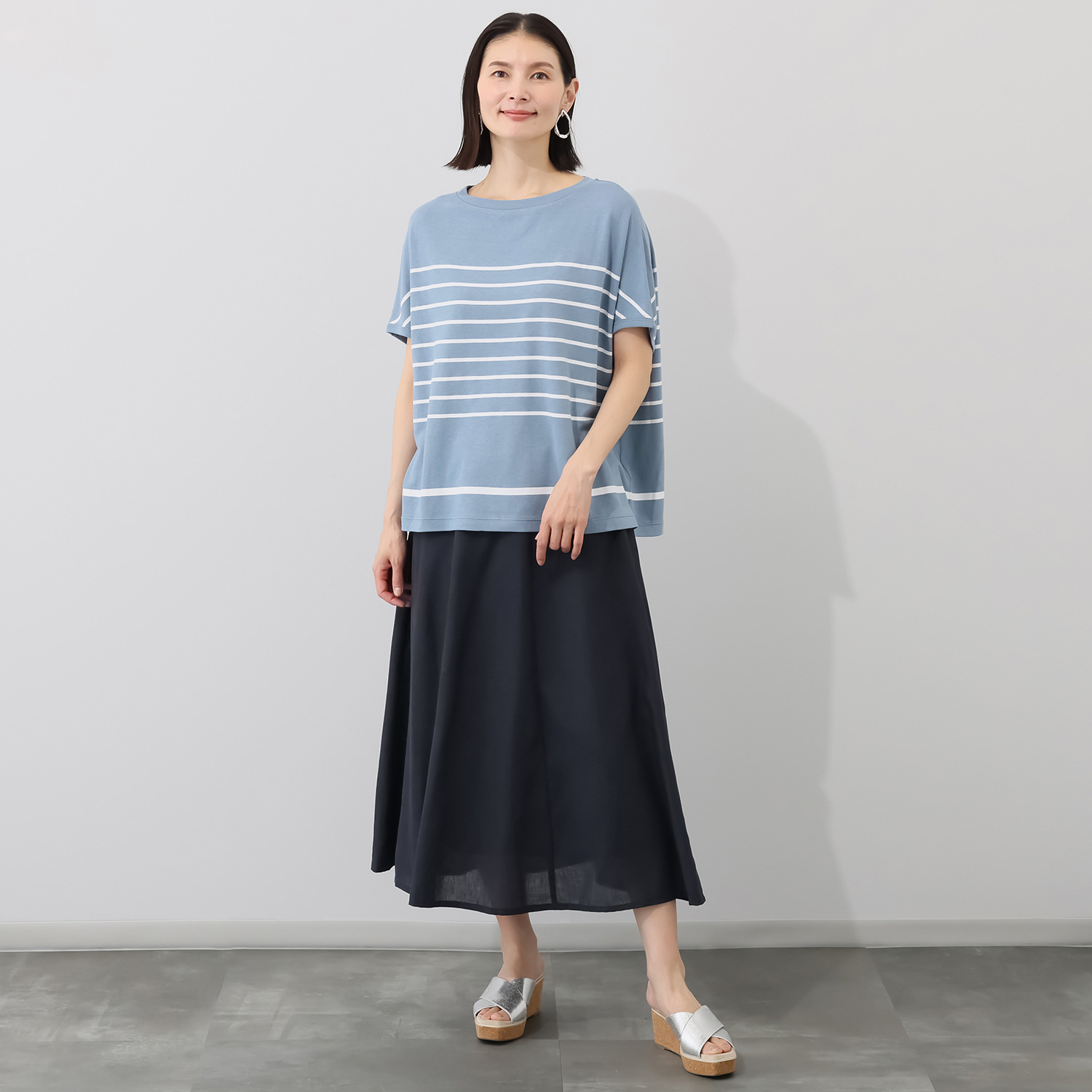 スピンブルー 接触冷感・吸水速乾 フレンチリネンブレンド ジャージー プリントボーダー プルオーバー