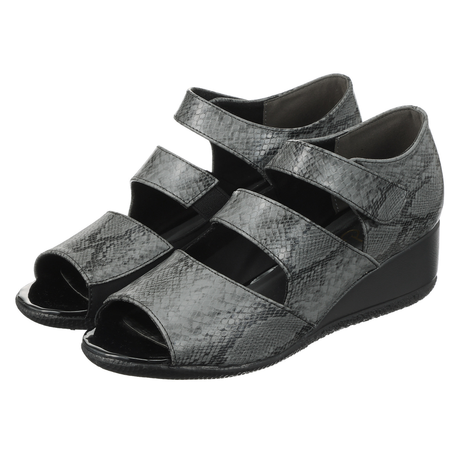 ポポラーレ 内側ストレッチ パイソンデザイン オープントゥパンプス