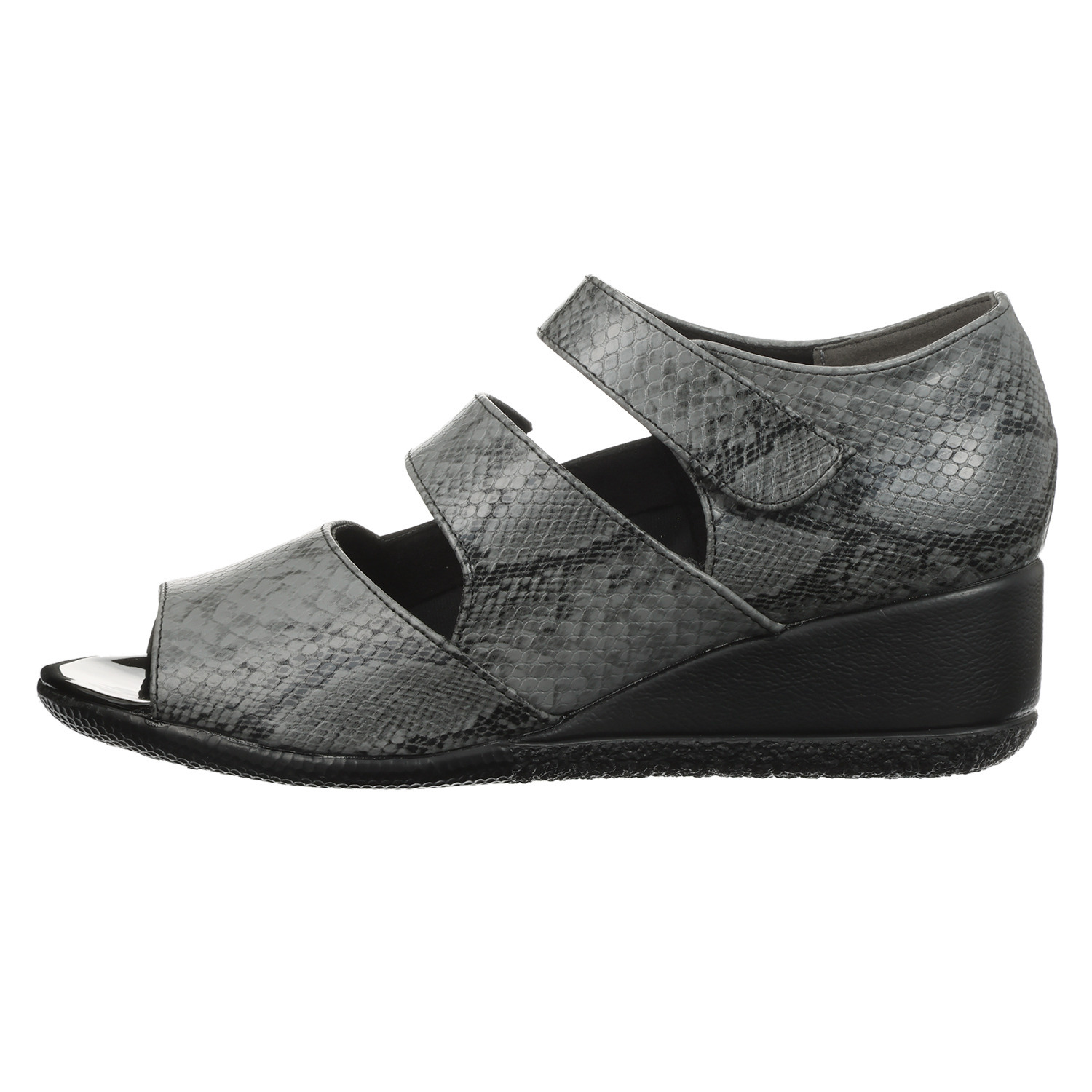 ポポラーレ 内側ストレッチ パイソンデザイン オープントゥパンプス