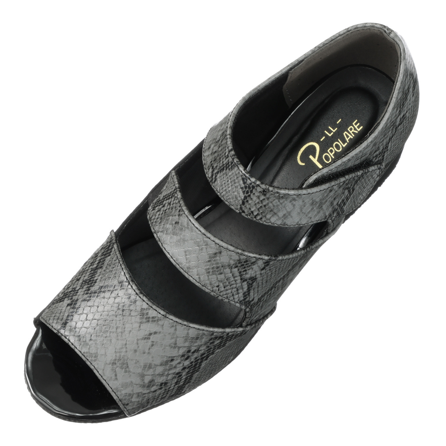 ポポラーレ 内側ストレッチ パイソンデザイン オープントゥパンプス