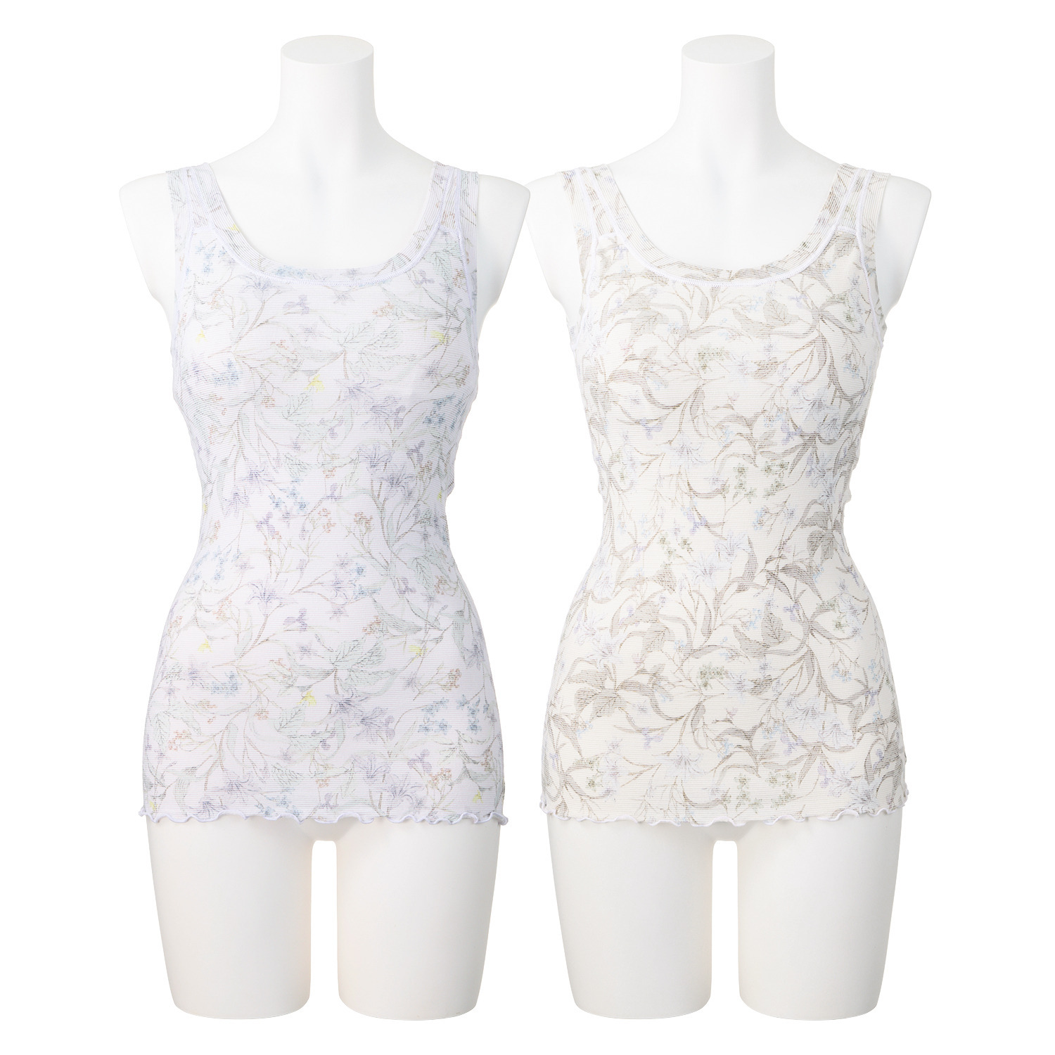 丸福ガーゼ ムレにくくて快適！速乾 綿モダール混 ボタニカルプリント カップ付タンクトップ ２枚セット