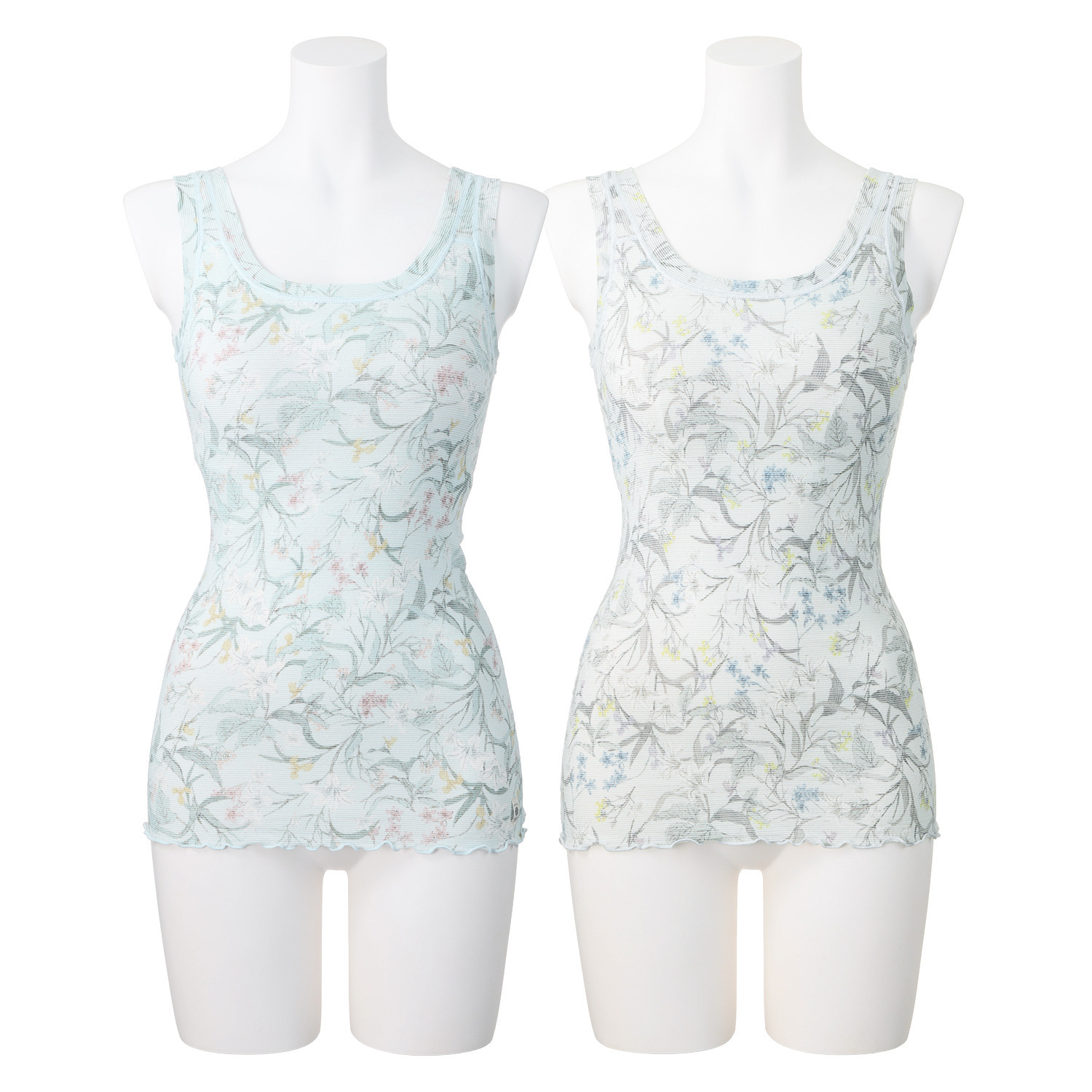 丸福ガーゼ ムレにくくて快適！速乾 綿モダール混 ボタニカルプリント カップ付タンクトップ ２枚セット