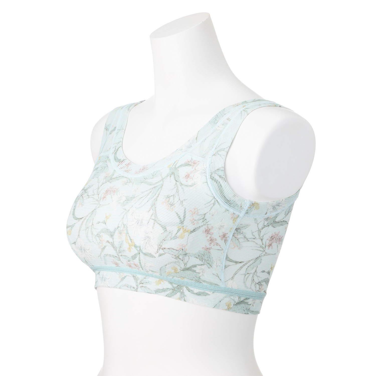 丸福ガーゼ ムレにくくて快適！速乾 綿モダール混 ボタニカルプリント ノンワイヤーブラジャー