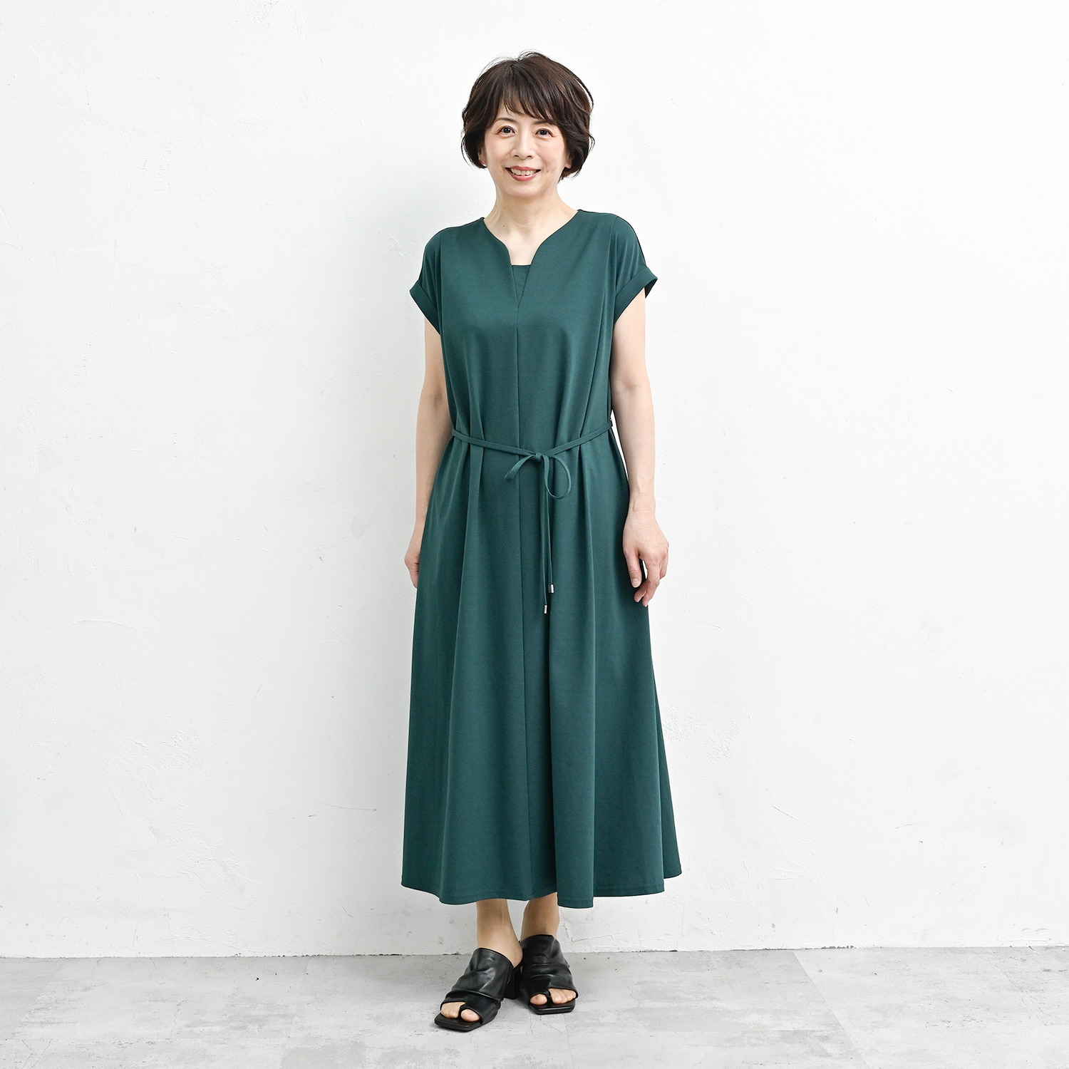 アンリック　オー　ブルー 接触冷感・ＵＶカット ターンバックスリーブ 細見えフレアーワンピース ＜着丈１２０ｃｍ＞