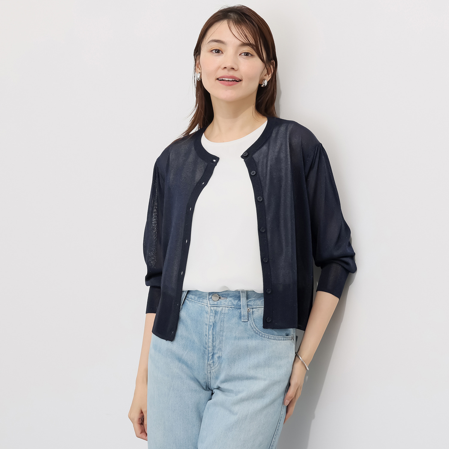 アンリック　オー　ブルー 接触冷感 シアーラメニット 上品大人見え カーディガン