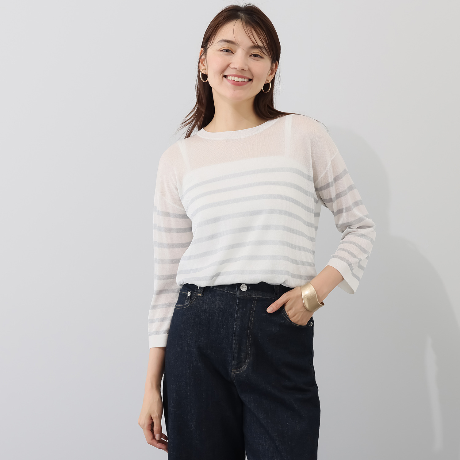 アンリック　オー　ブルー 接触冷感 シアーラメニット 上品大人見え ボーダープルオーバー