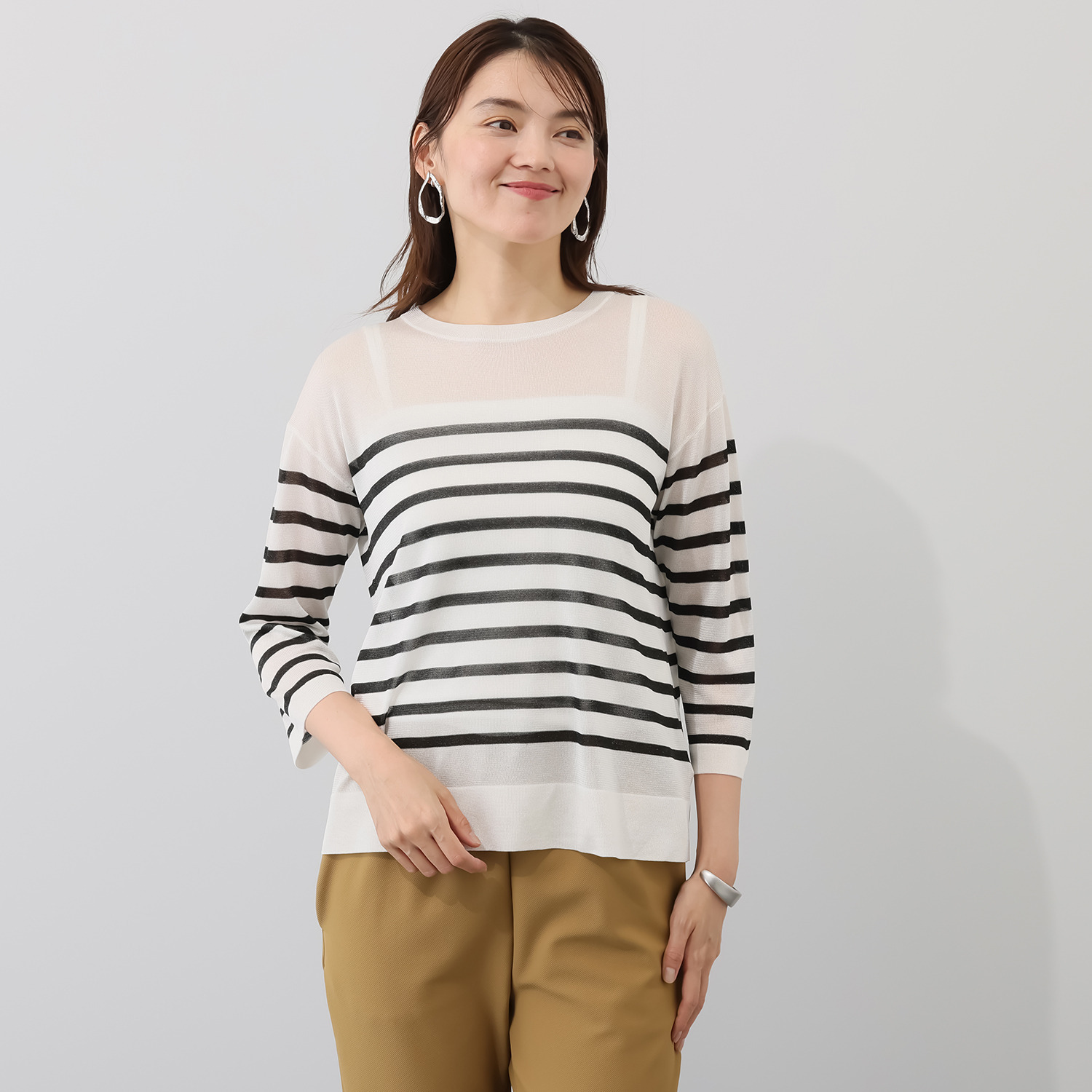 アンリック　オー　ブルー 接触冷感 シアーラメニット 上品大人見え ボーダープルオーバー